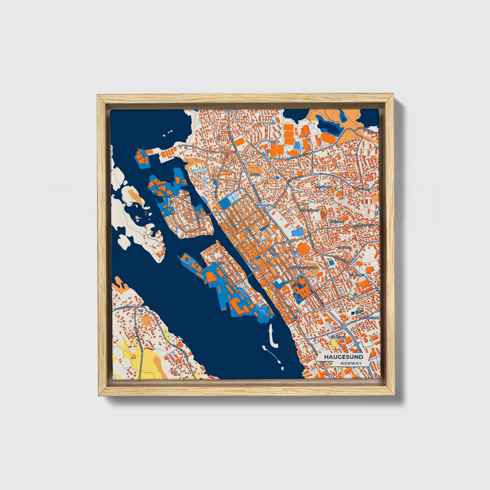 Haugesund Norway Colorful City Map Canvas Print • Natural Wooden Framed