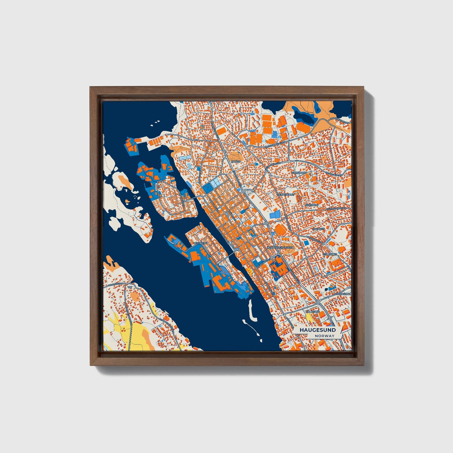 Haugesund Norway Colorful City Map Canvas Print • Dark Wooden Framed