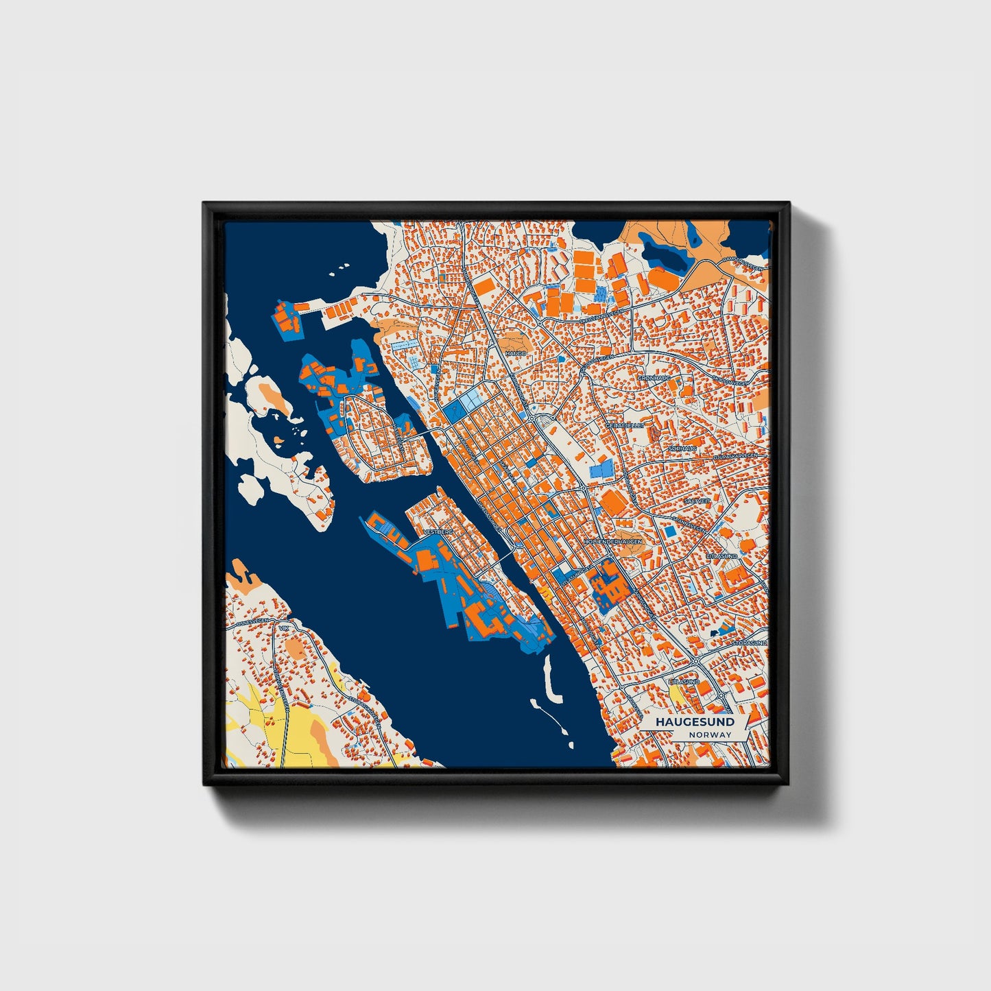 Haugesund Norway Colorful City Map Canvas Print • Black Framed