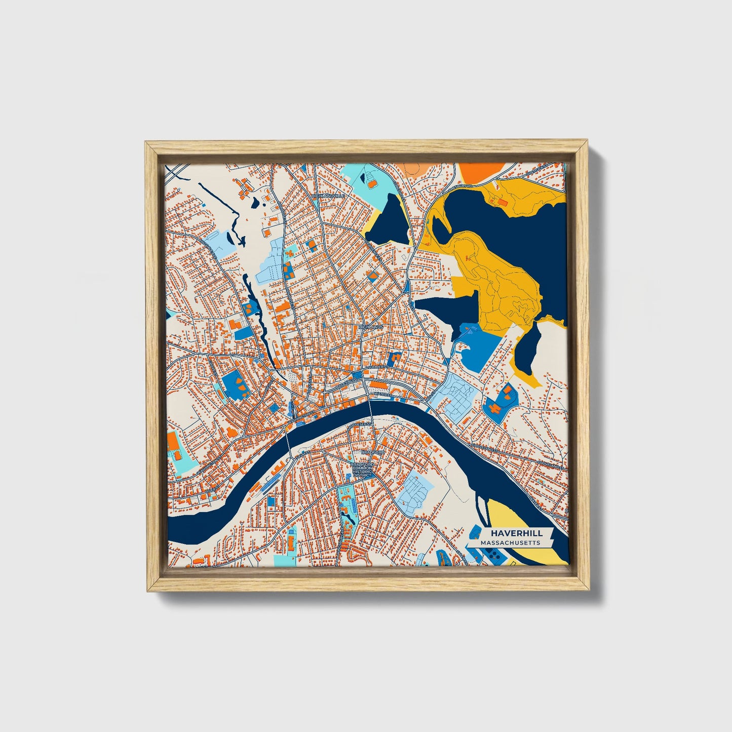 Haverhill Massachusetts Colorful City Map Canvas Print • Natural Wooden Framed