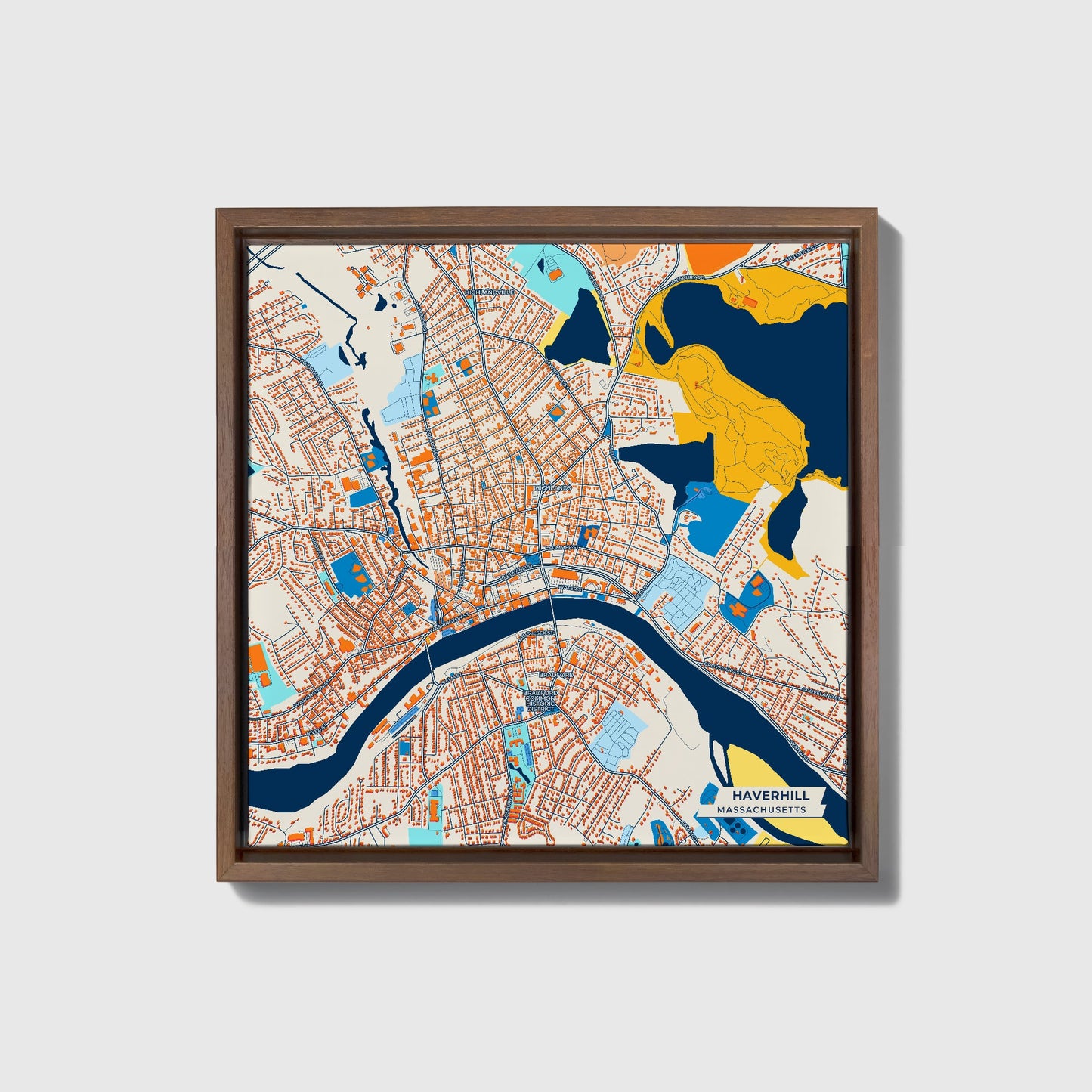 Haverhill Massachusetts Colorful City Map Canvas Print • Dark Wooden Framed