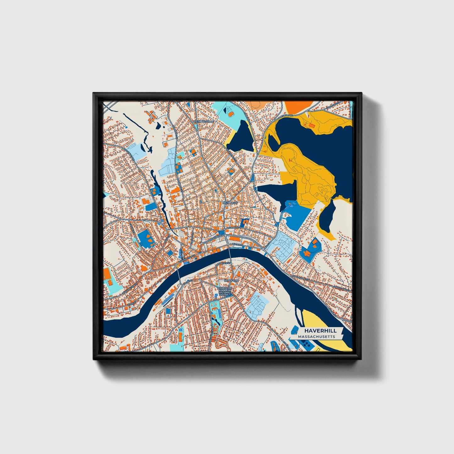Haverhill Massachusetts Colorful City Map Canvas Print • Black Framed
