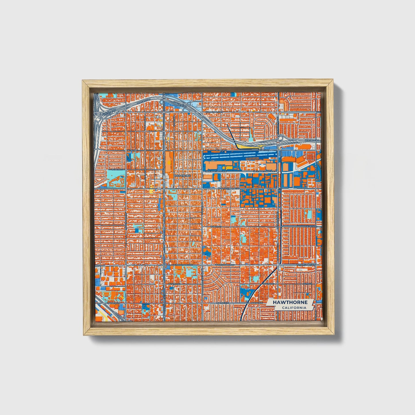 Hawthorne California Colorful City Map Canvas Print • Natural Wooden Framed