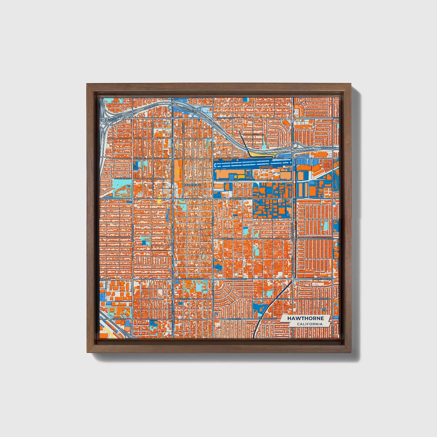 Hawthorne California Colorful City Map Canvas Print • Dark Wooden Framed