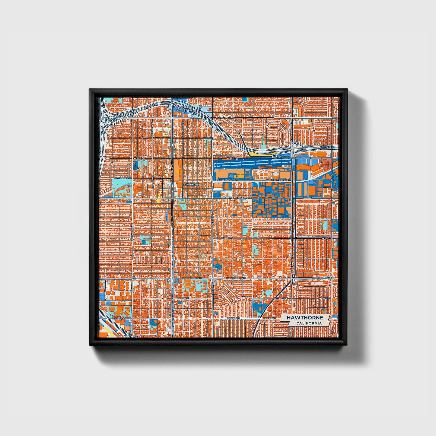 Hawthorne California Colorful City Map Canvas Print • Black Framed