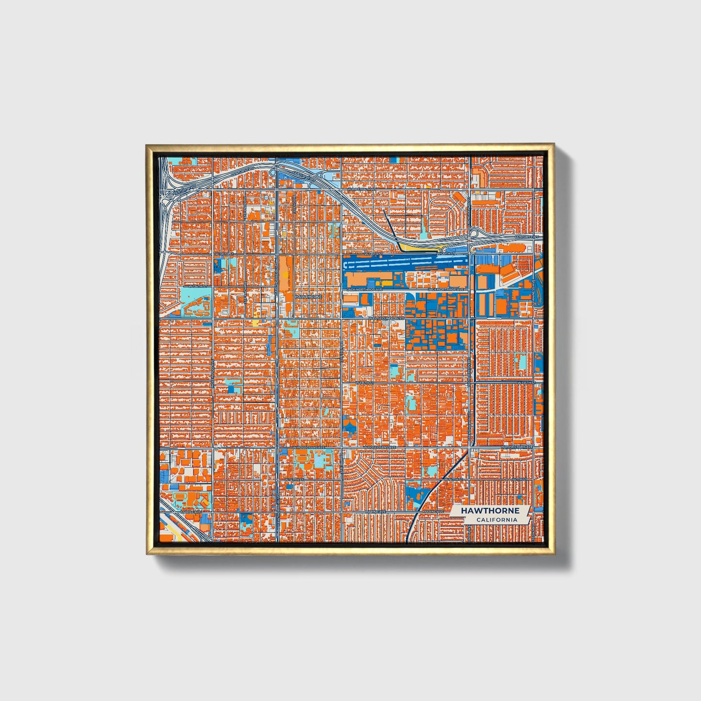 Hawthorne California Colorful City Map Canvas Print • Gold Framed