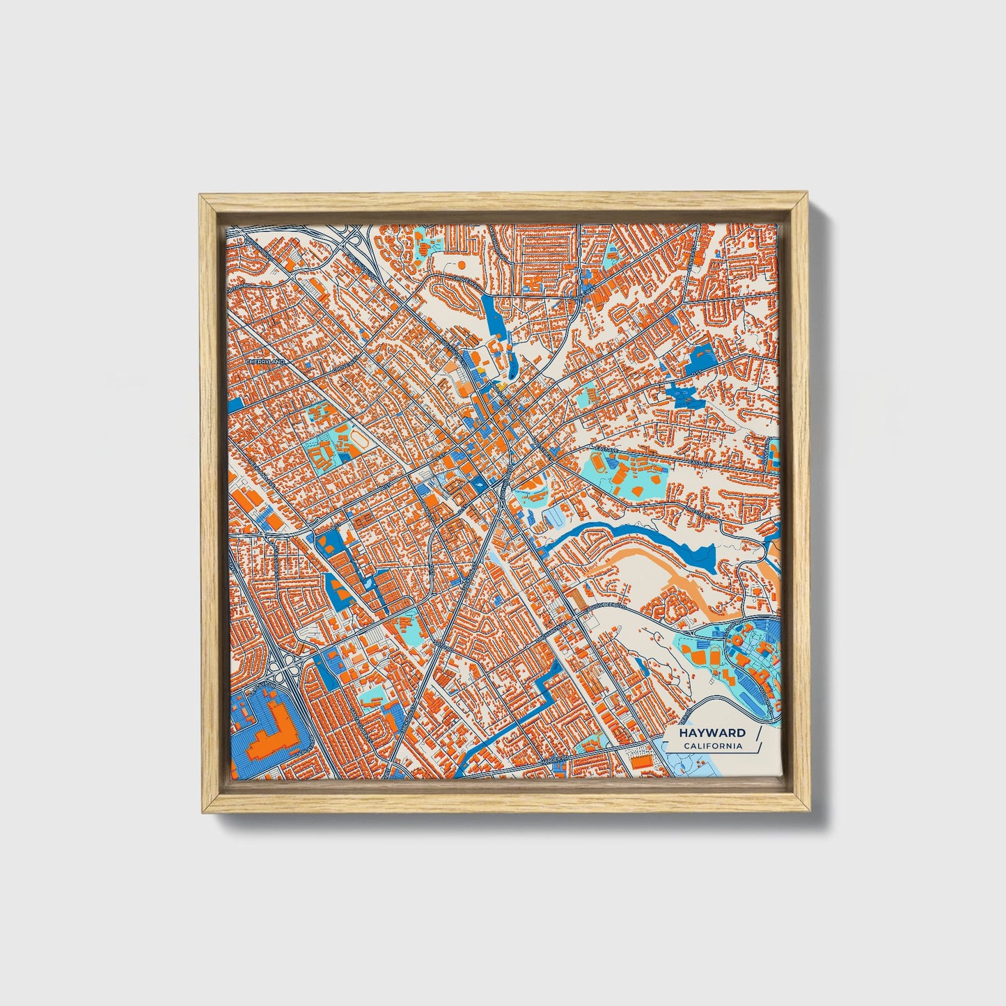 Hayward California Colorful City Map Canvas Print • Natural Wooden Framed