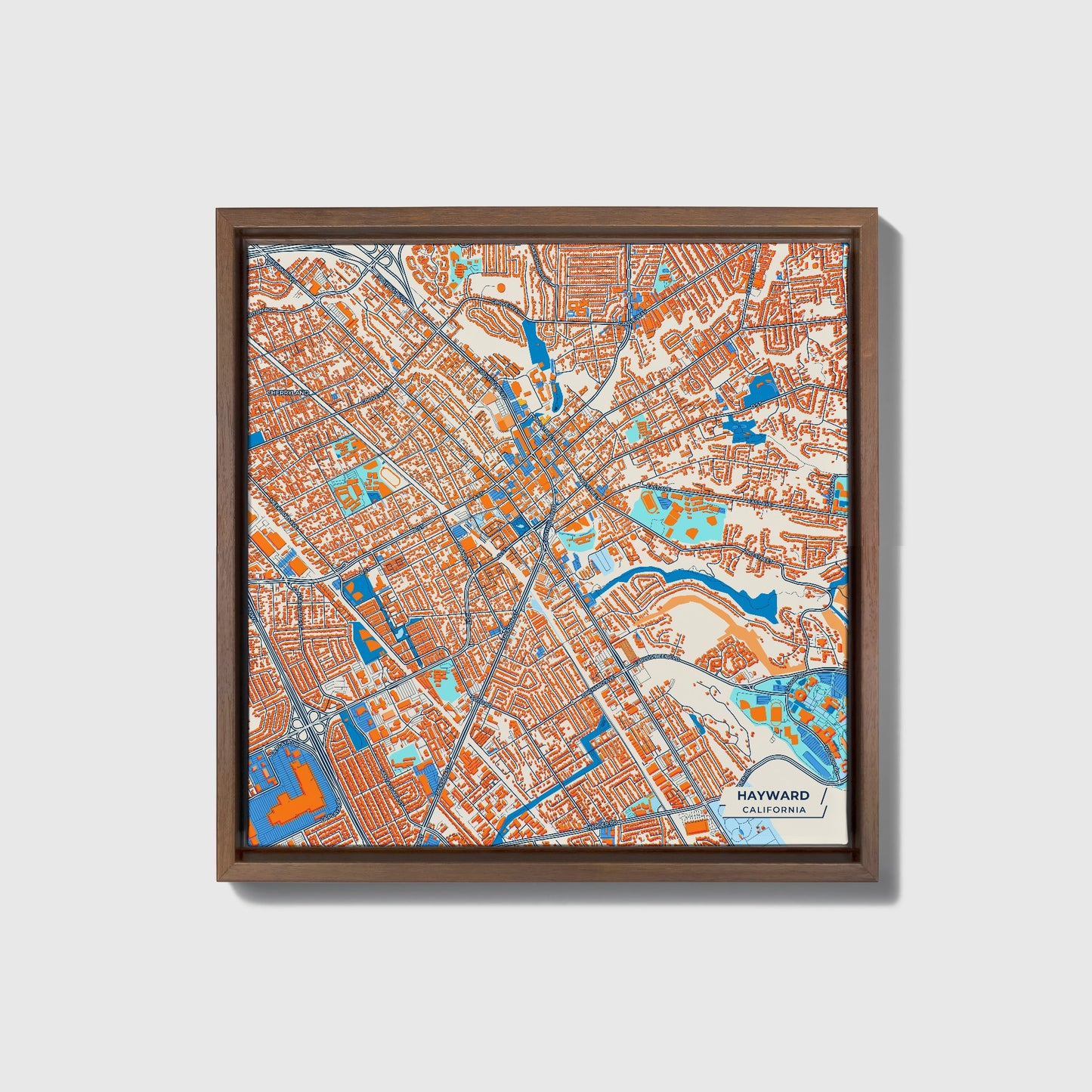 Hayward California Colorful City Map Canvas Print • Dark Wooden Framed