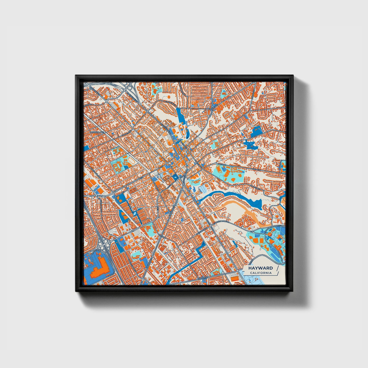Hayward California Colorful City Map Canvas Print • Black Framed
