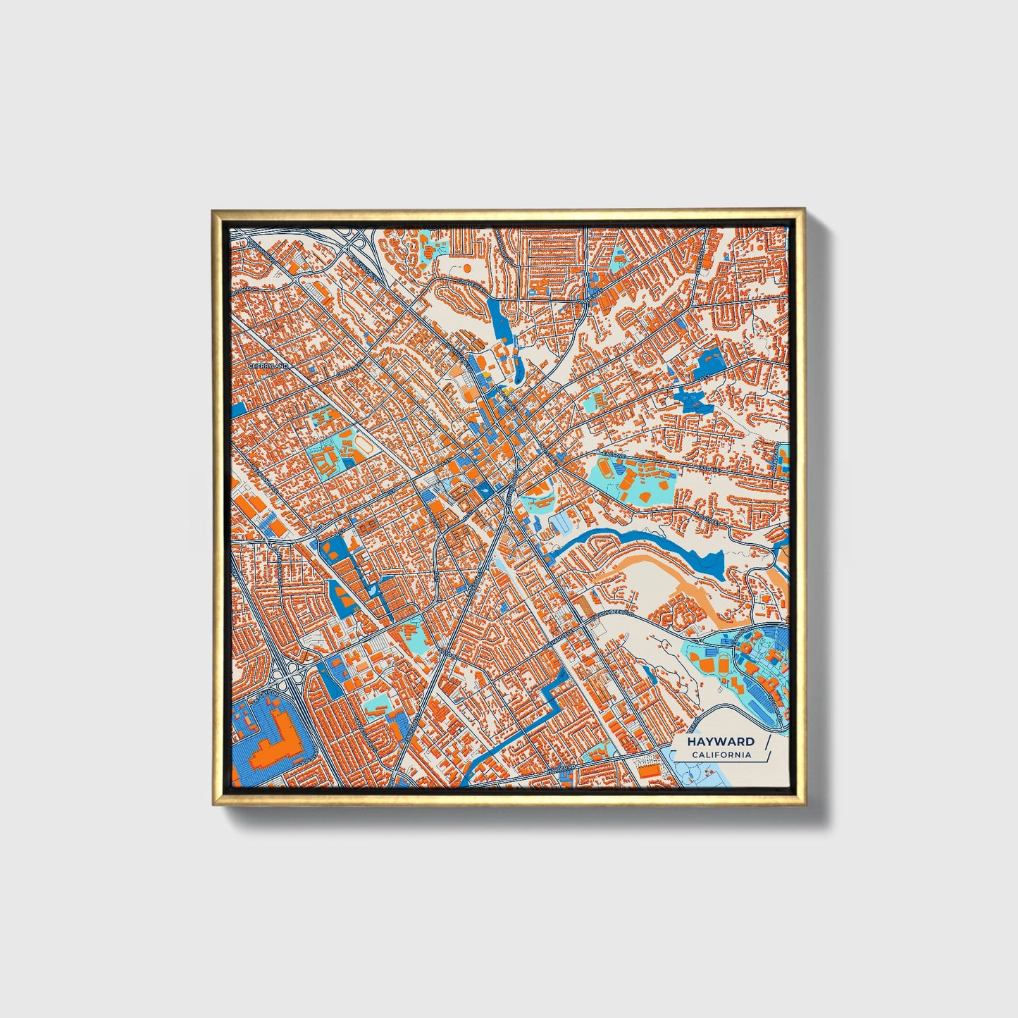 Hayward California Colorful City Map Canvas Print • Gold Framed