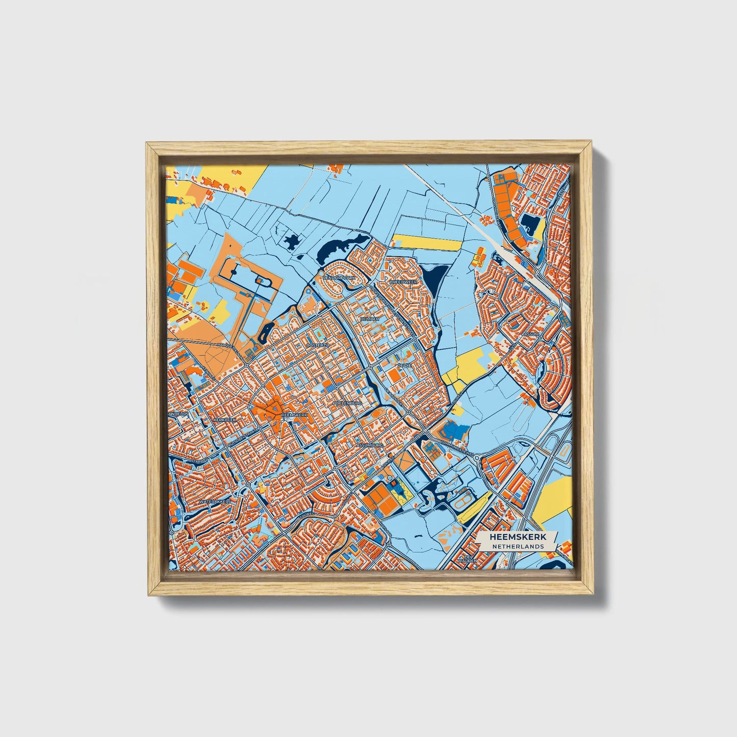 Heemskerk Netherlands Colorful City Map Canvas Print • Natural Wooden Framed