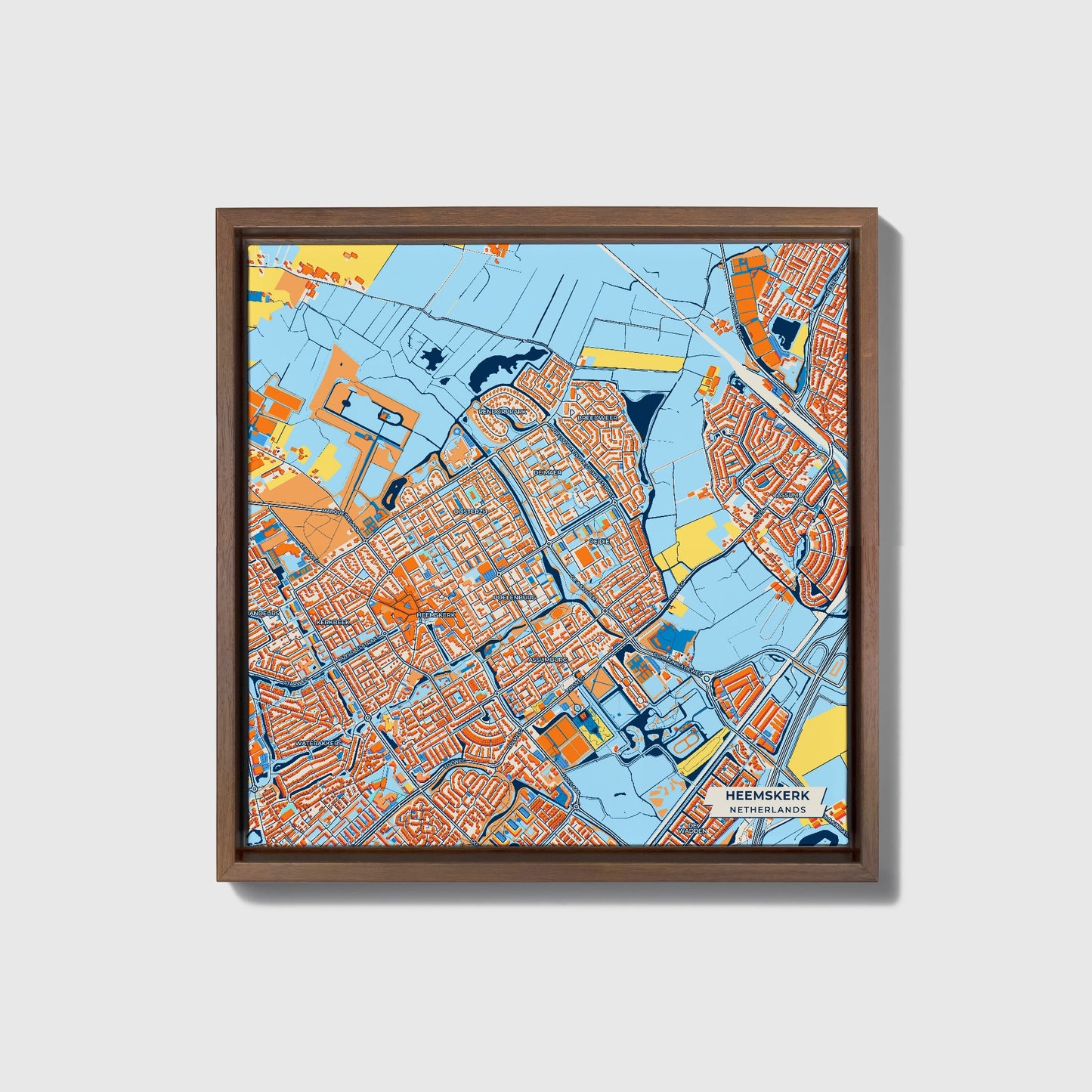 Heemskerk Netherlands Colorful City Map Canvas Print • Dark Wooden Framed