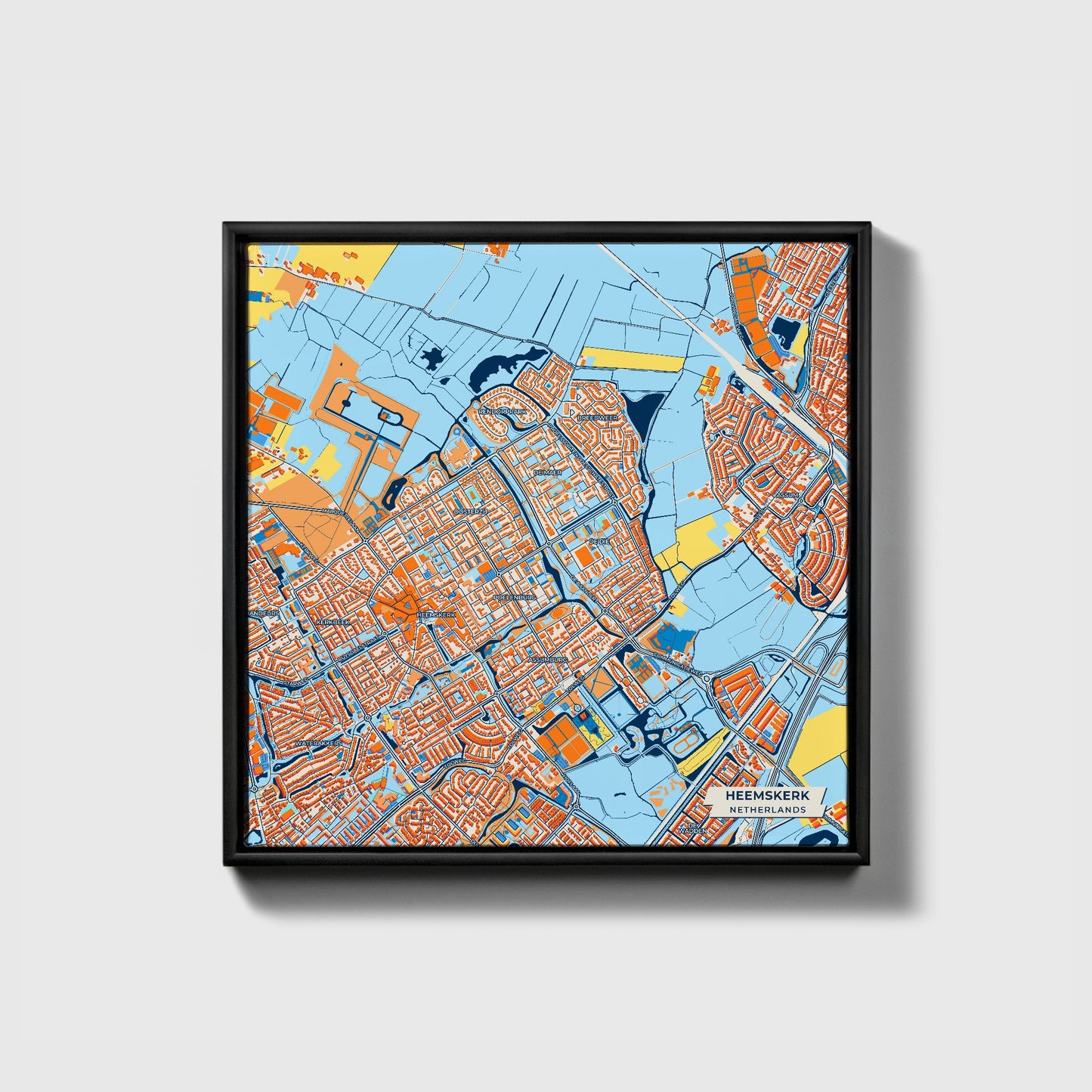 Heemskerk Netherlands Colorful City Map Canvas Print • Black Framed