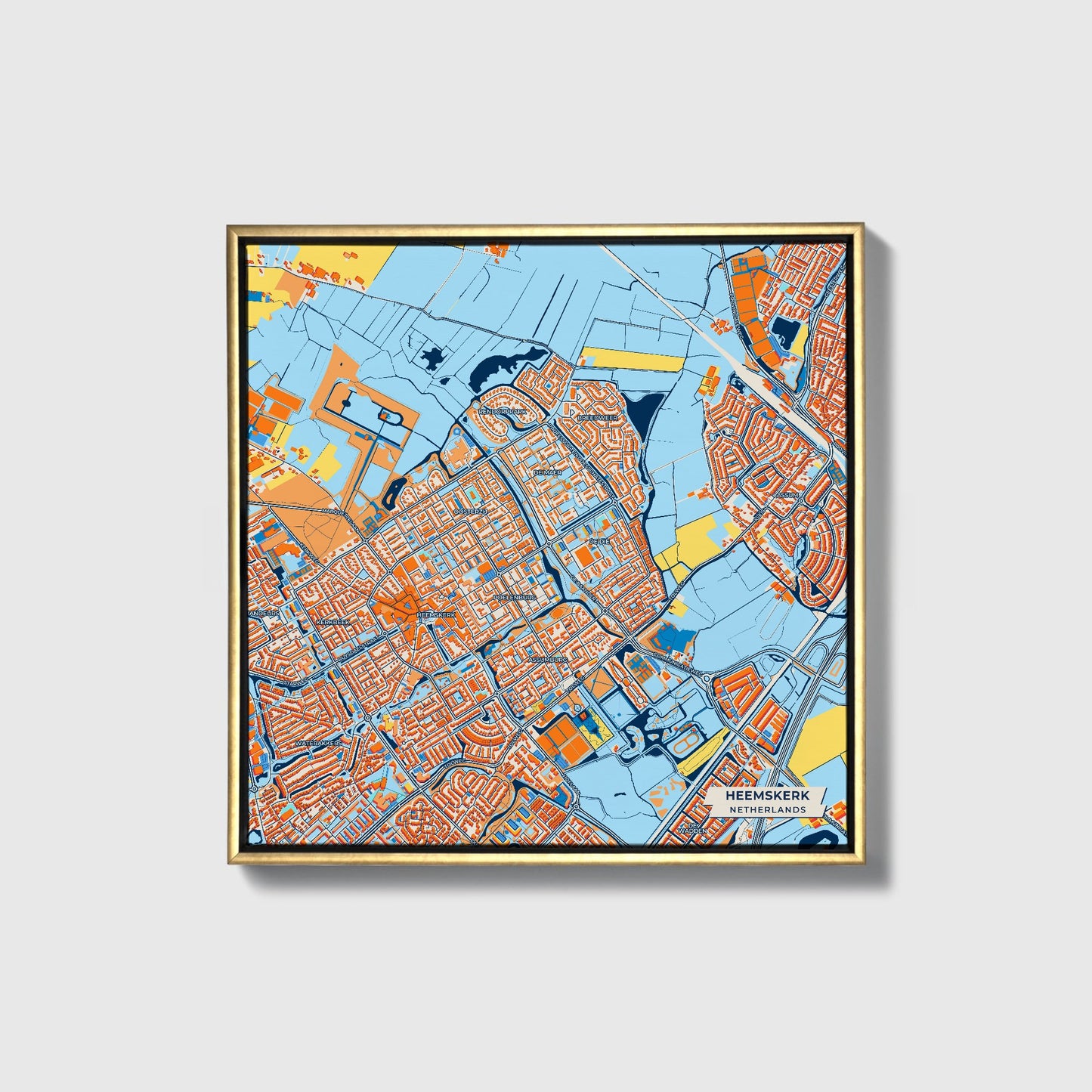 Heemskerk Netherlands Colorful City Map Canvas Print • Gold Framed