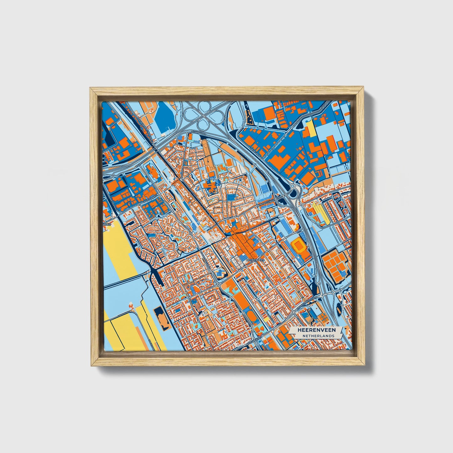 Heerenveen Netherlands Colorful City Map Canvas Print • Natural Wooden Framed