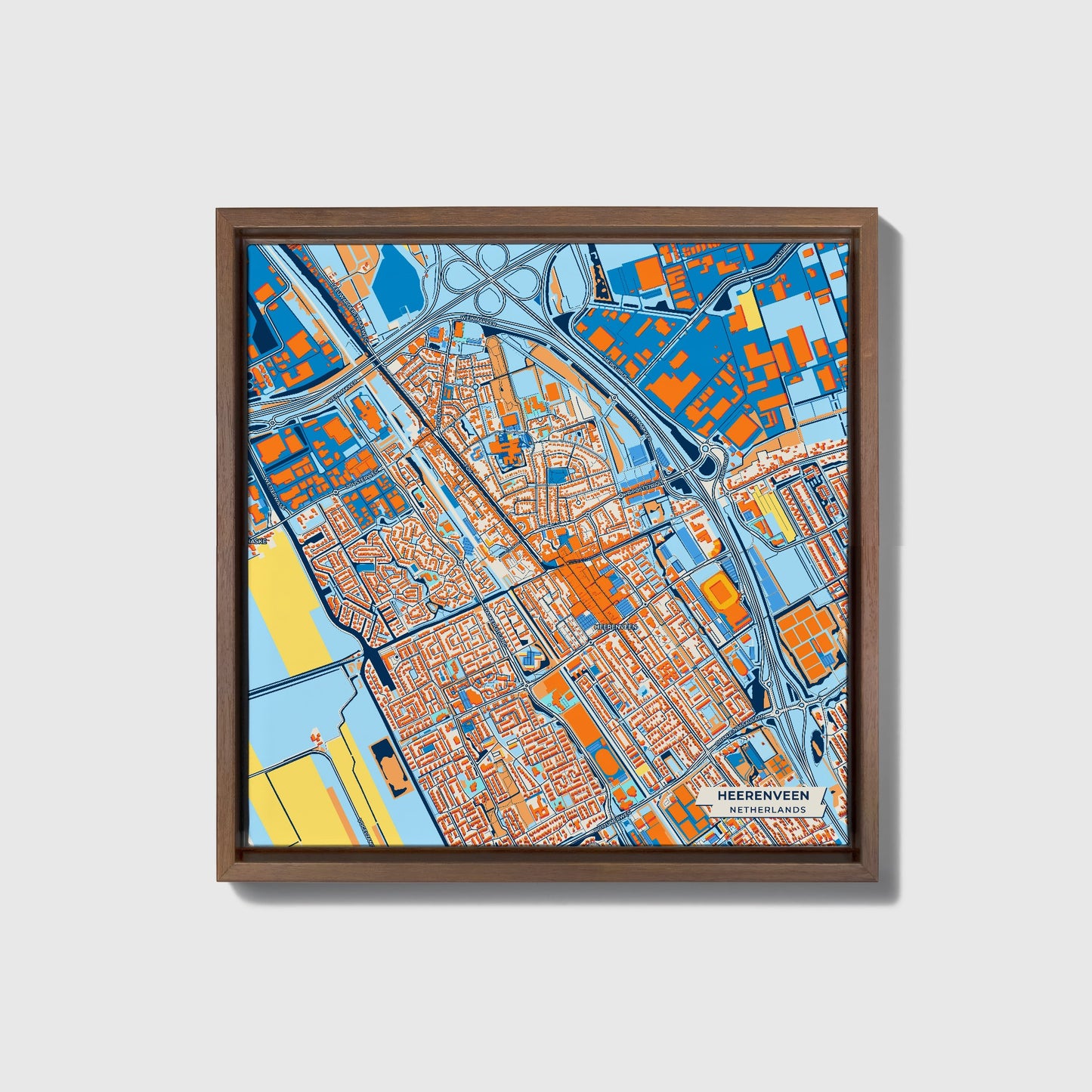 Heerenveen Netherlands Colorful City Map Canvas Print • Dark Wooden Framed