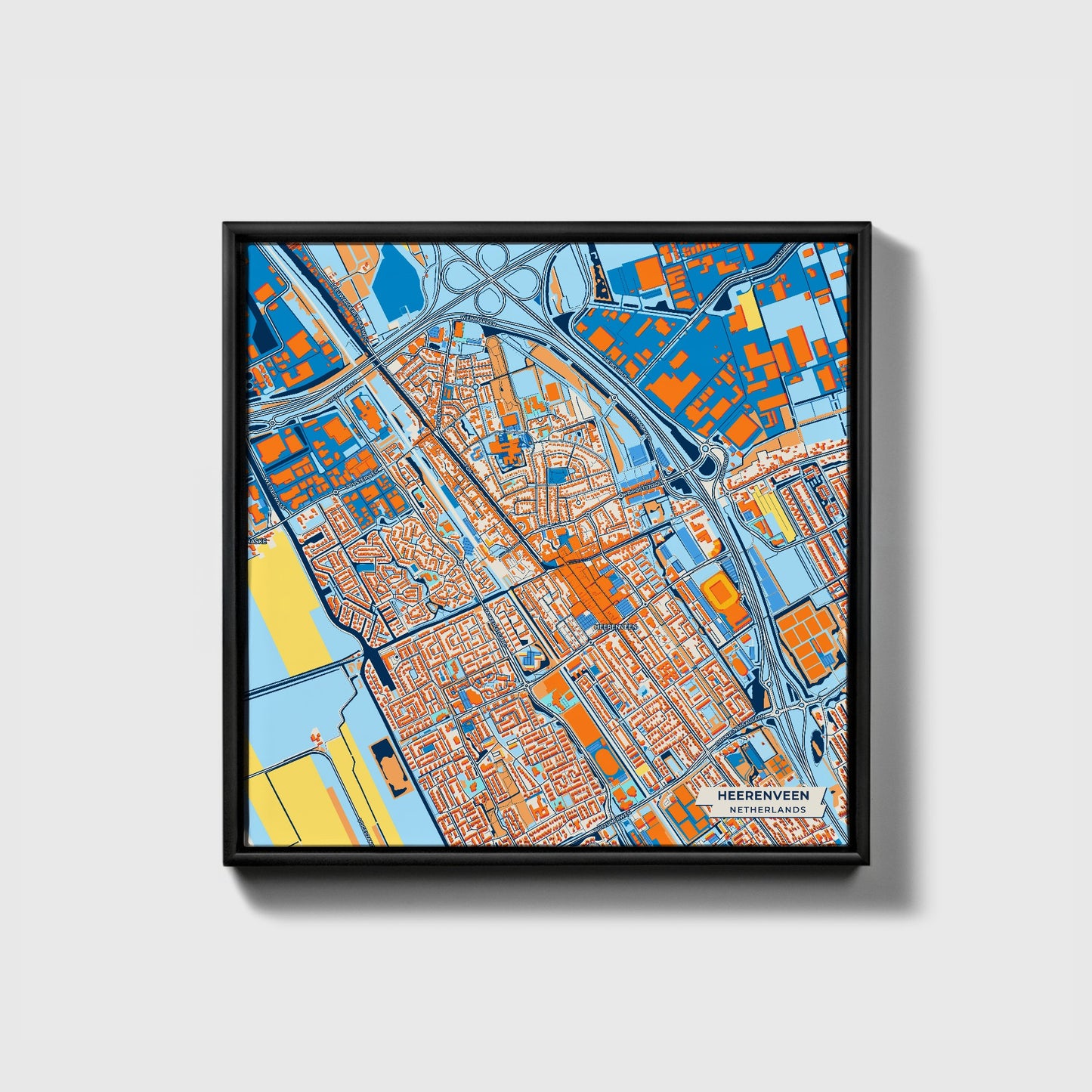 Heerenveen Netherlands Colorful City Map Canvas Print • Black Framed