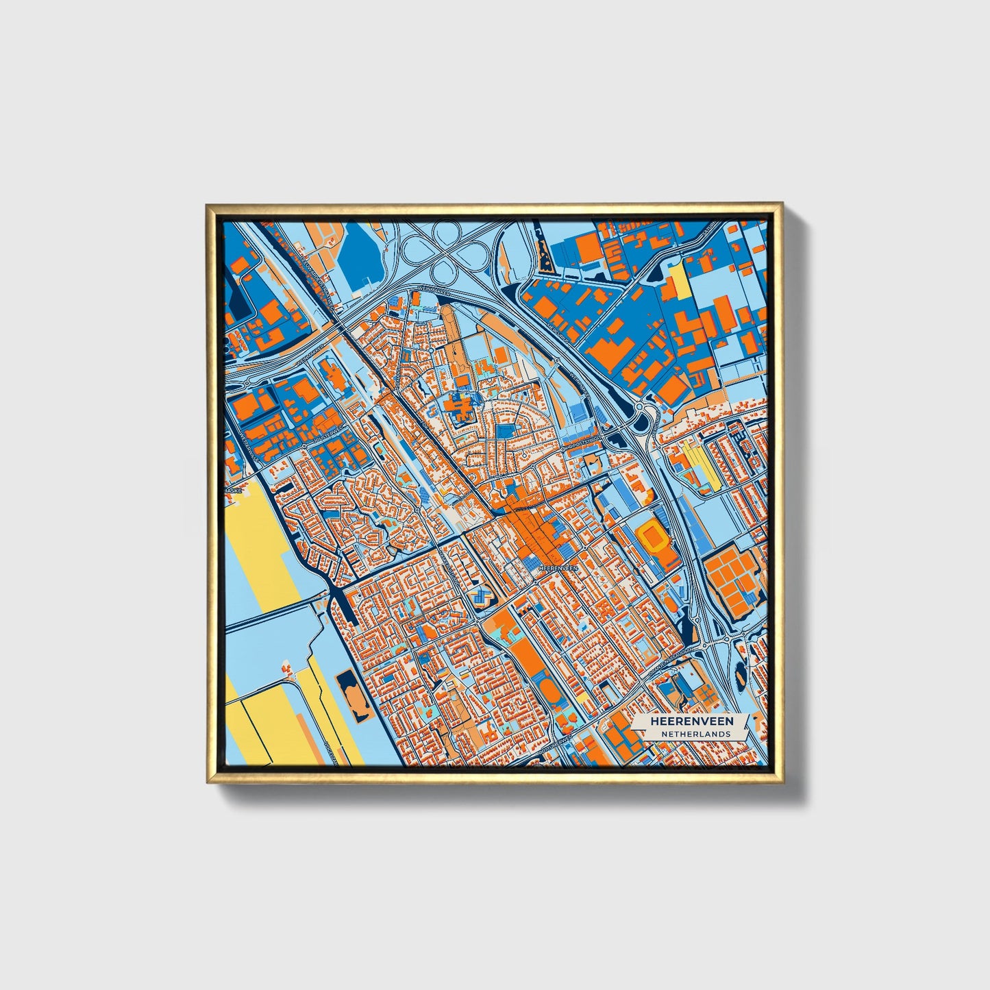 Heerenveen Netherlands Colorful City Map Canvas Print • Gold Framed