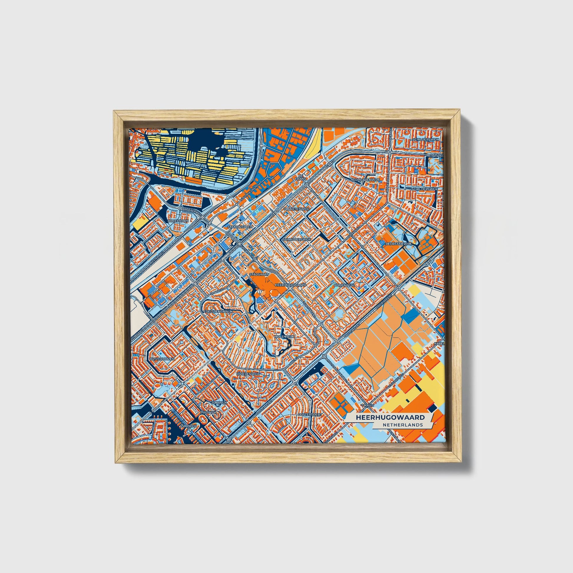 Heerhugowaard Netherlands Colorful City Map Canvas Print • Natural Wooden Framed