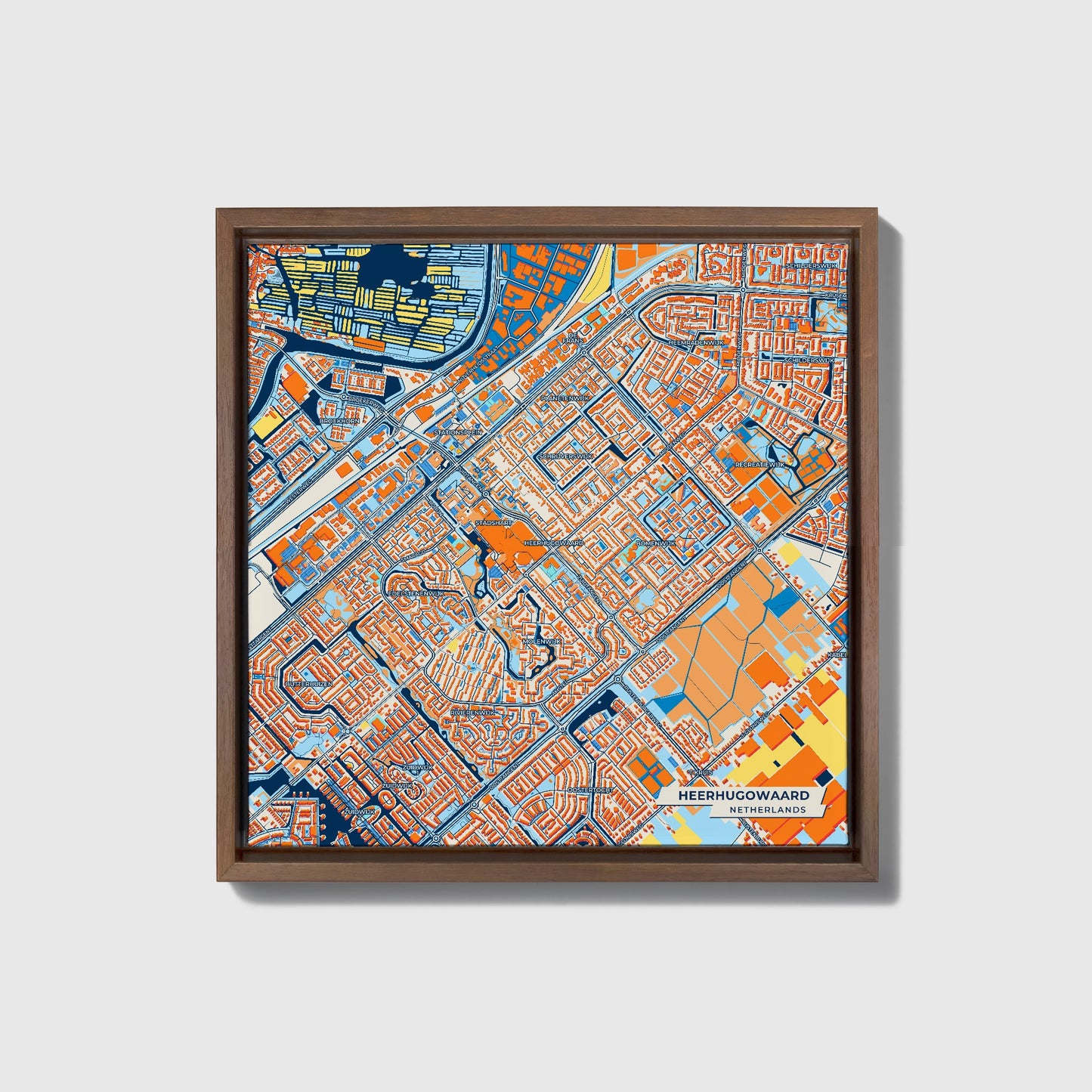 Heerhugowaard Netherlands Colorful City Map Canvas Print • Dark Wooden Framed