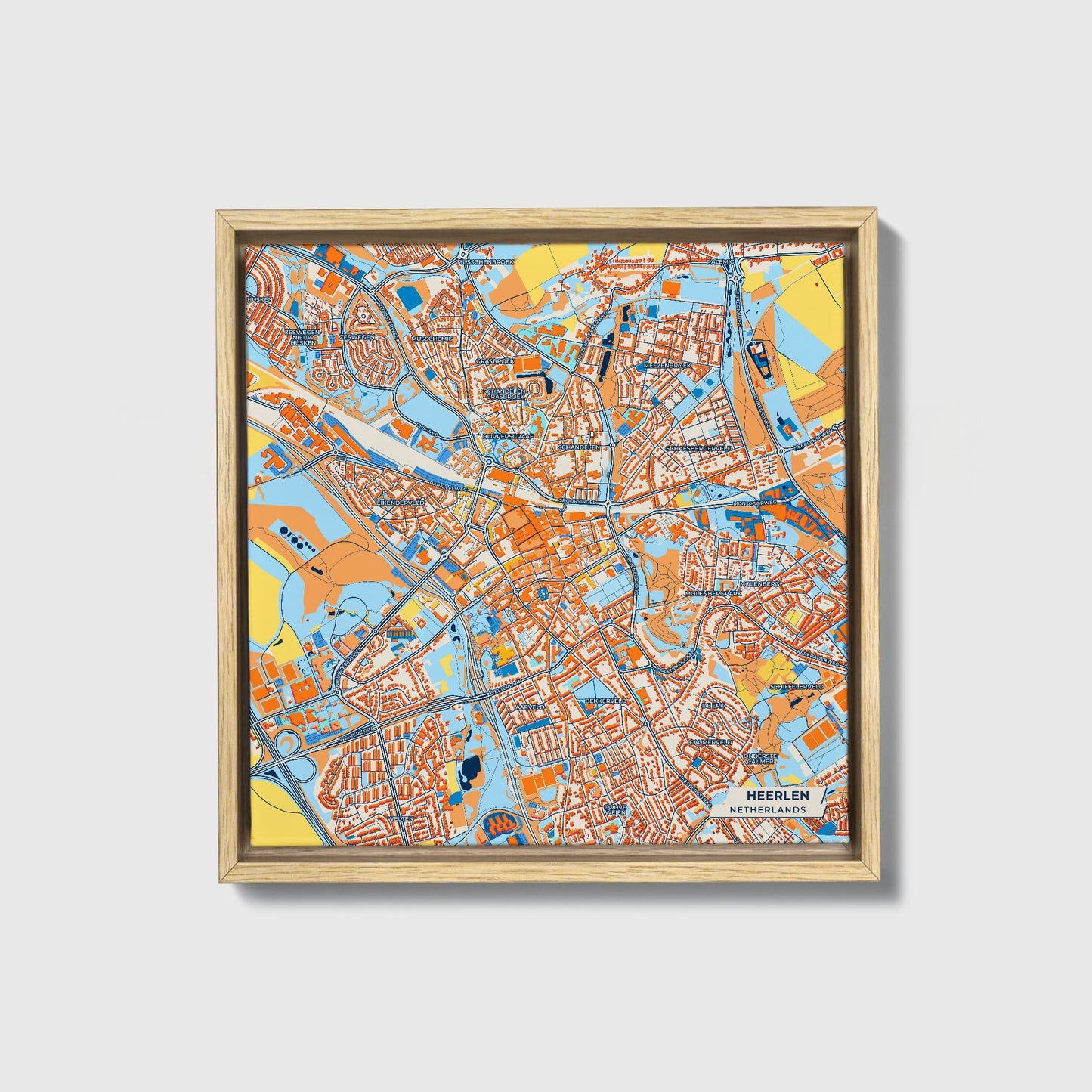 Heerlen Netherlands Colorful City Map Canvas Print • Natural Wooden Framed