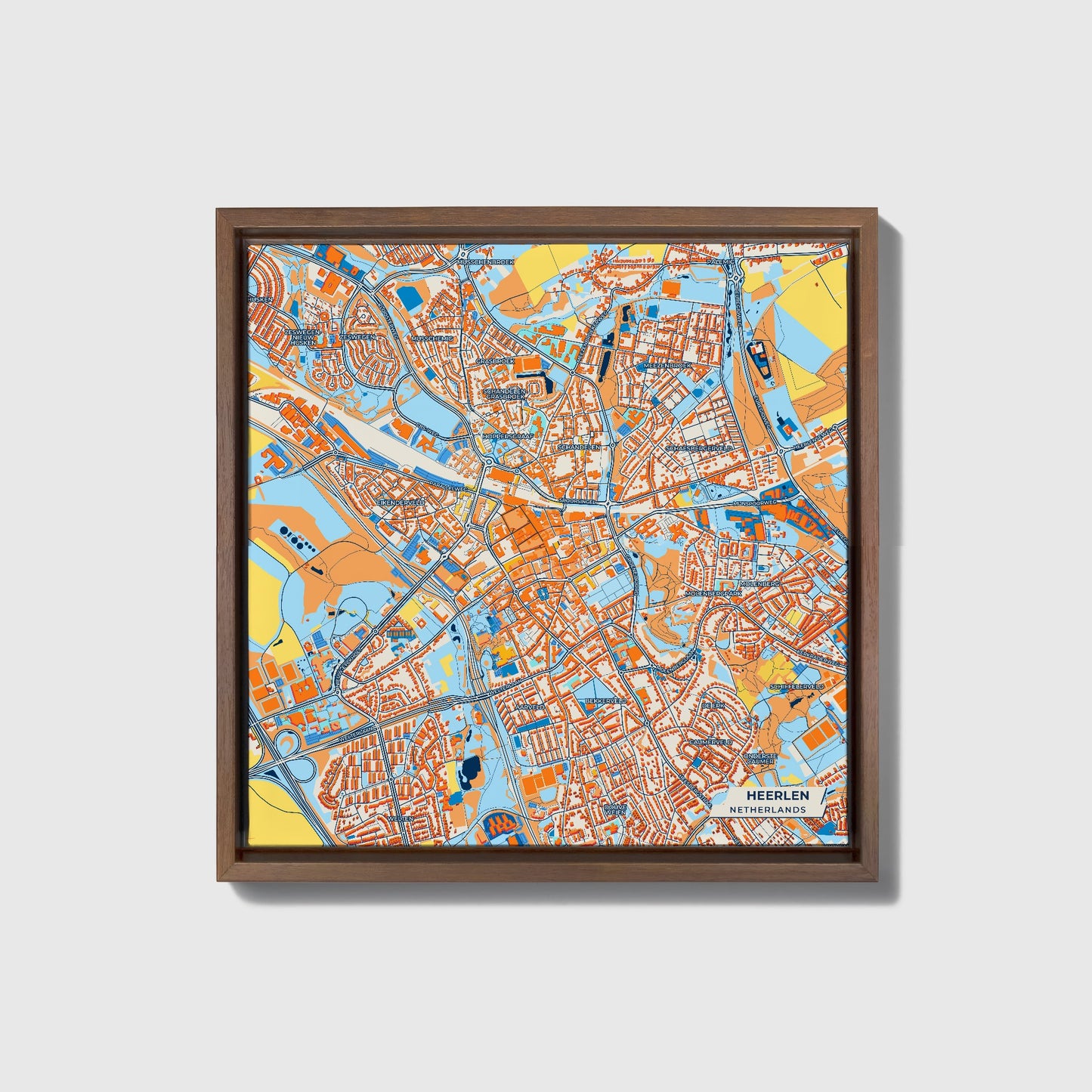Heerlen Netherlands Colorful City Map Canvas Print • Dark Wooden Framed