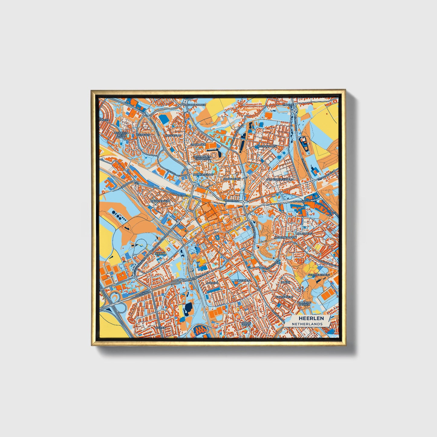 Heerlen Netherlands Colorful City Map Canvas Print • Gold Framed