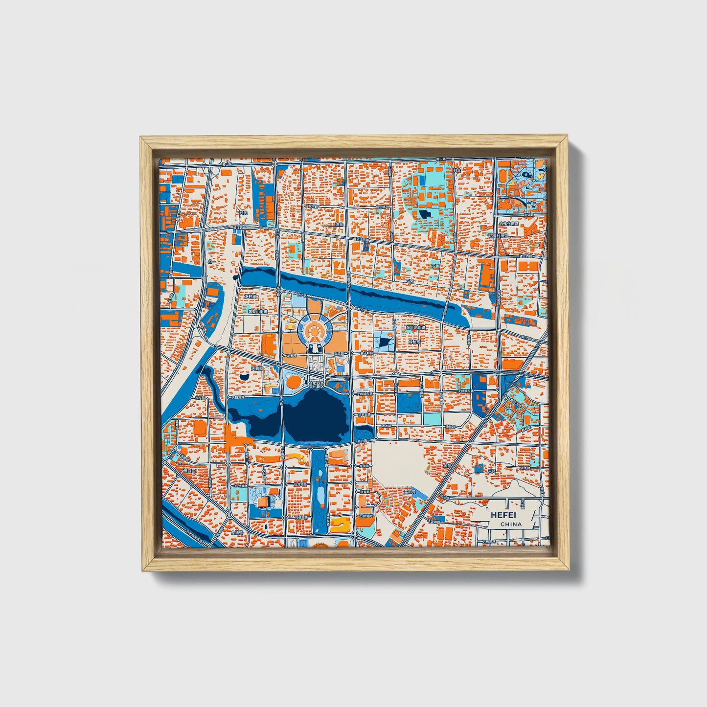 Hefei China Colorful City Map Canvas Print • Natural Wooden Framed