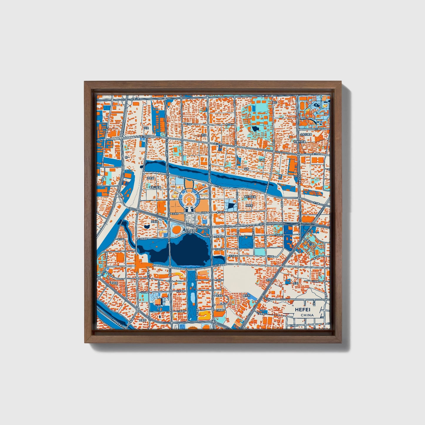 Hefei China Colorful City Map Canvas Print • Dark Wooden Framed