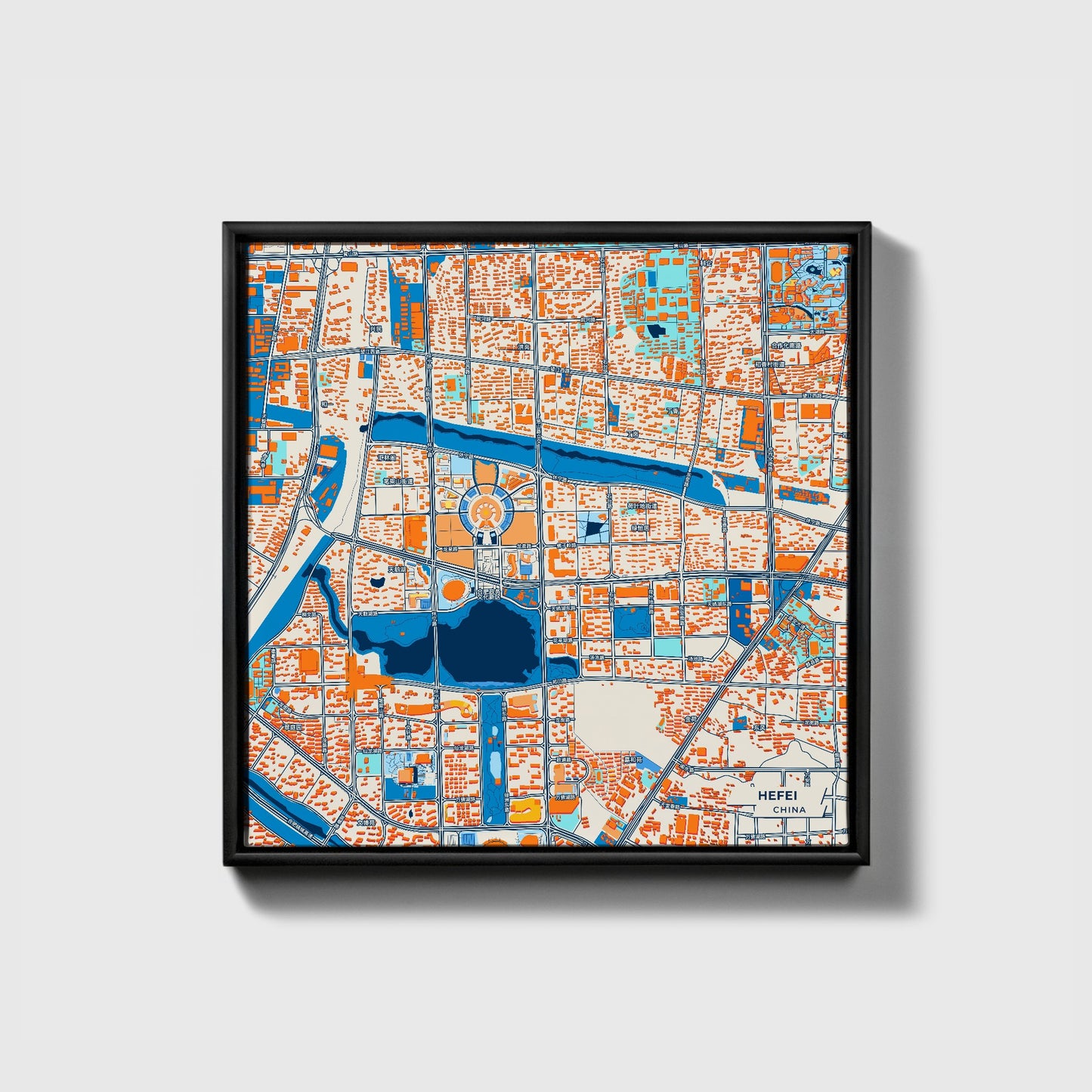 Hefei China Colorful City Map Canvas Print • Black Framed