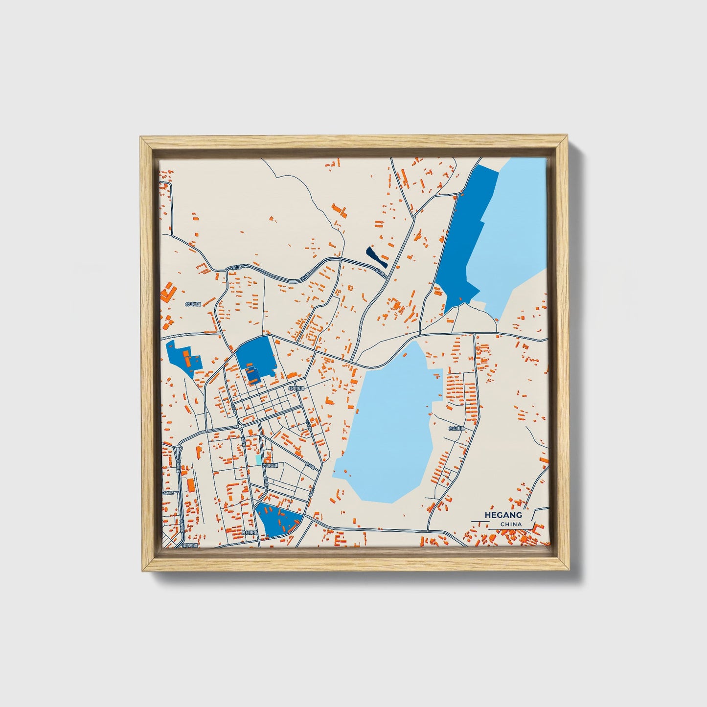 Hegang China Colorful City Map Canvas Print • Natural Wooden Framed