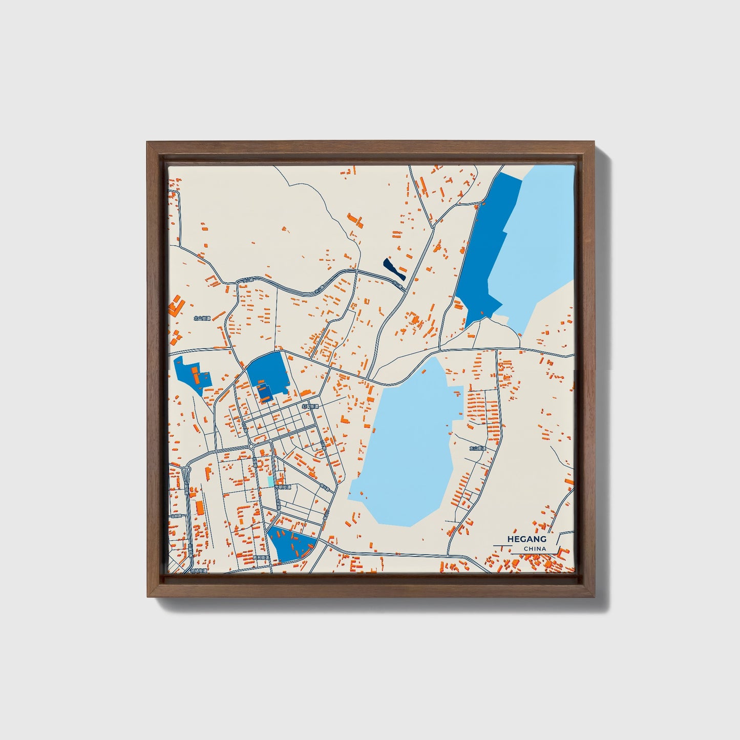 Hegang China Colorful City Map Canvas Print • Dark Wooden Framed