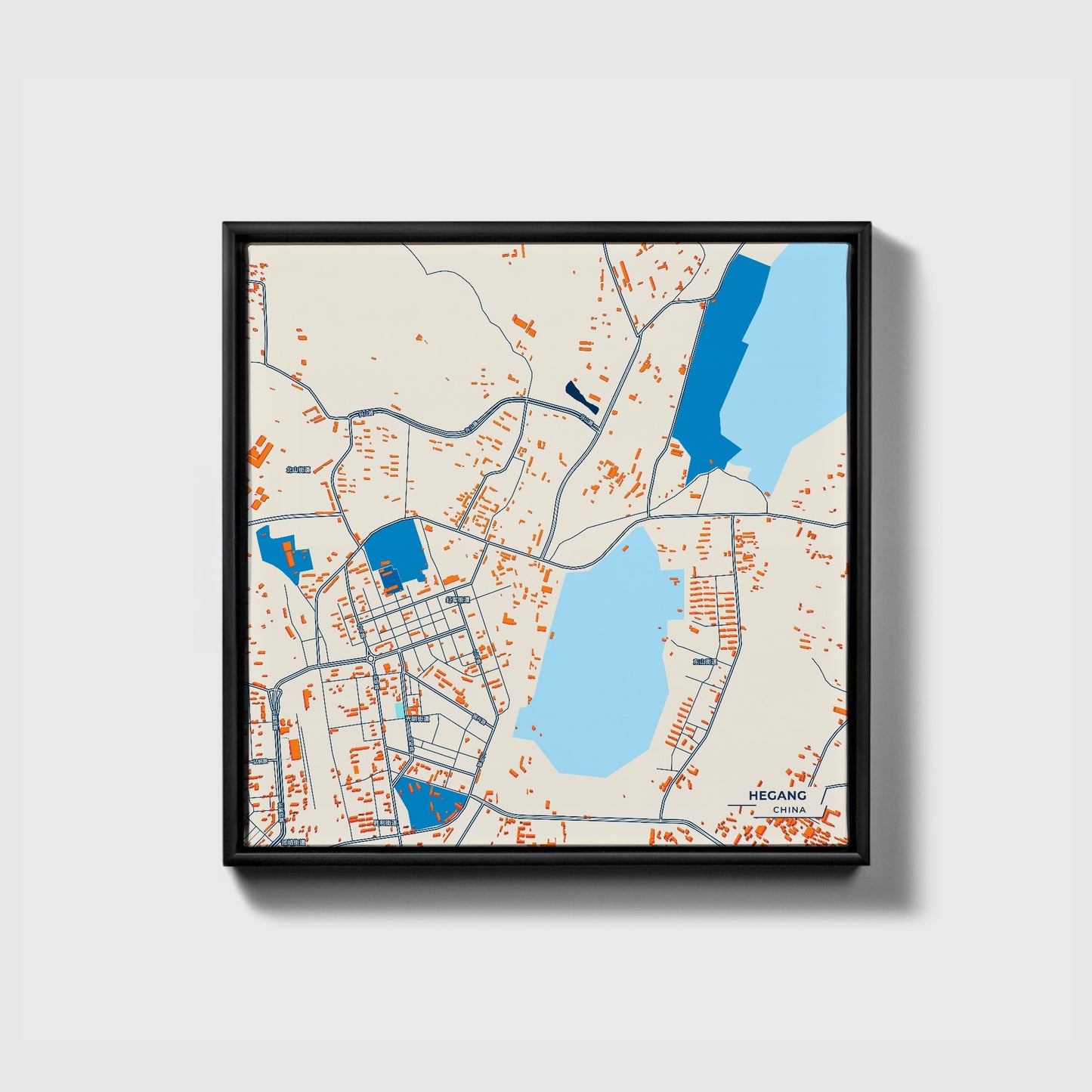 Hegang China Colorful City Map Canvas Print • Black Framed