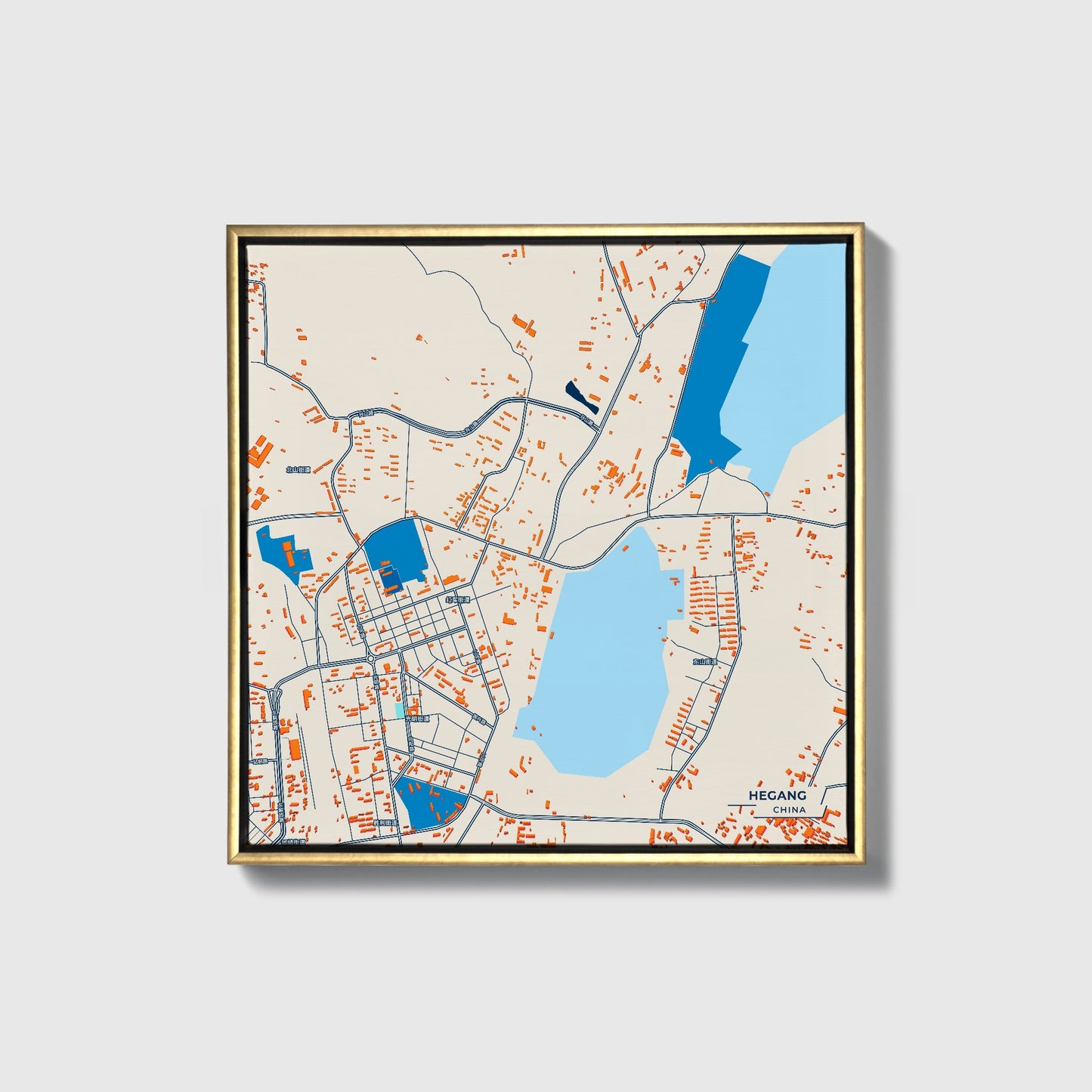 Hegang China Colorful City Map Canvas Print • Gold Framed