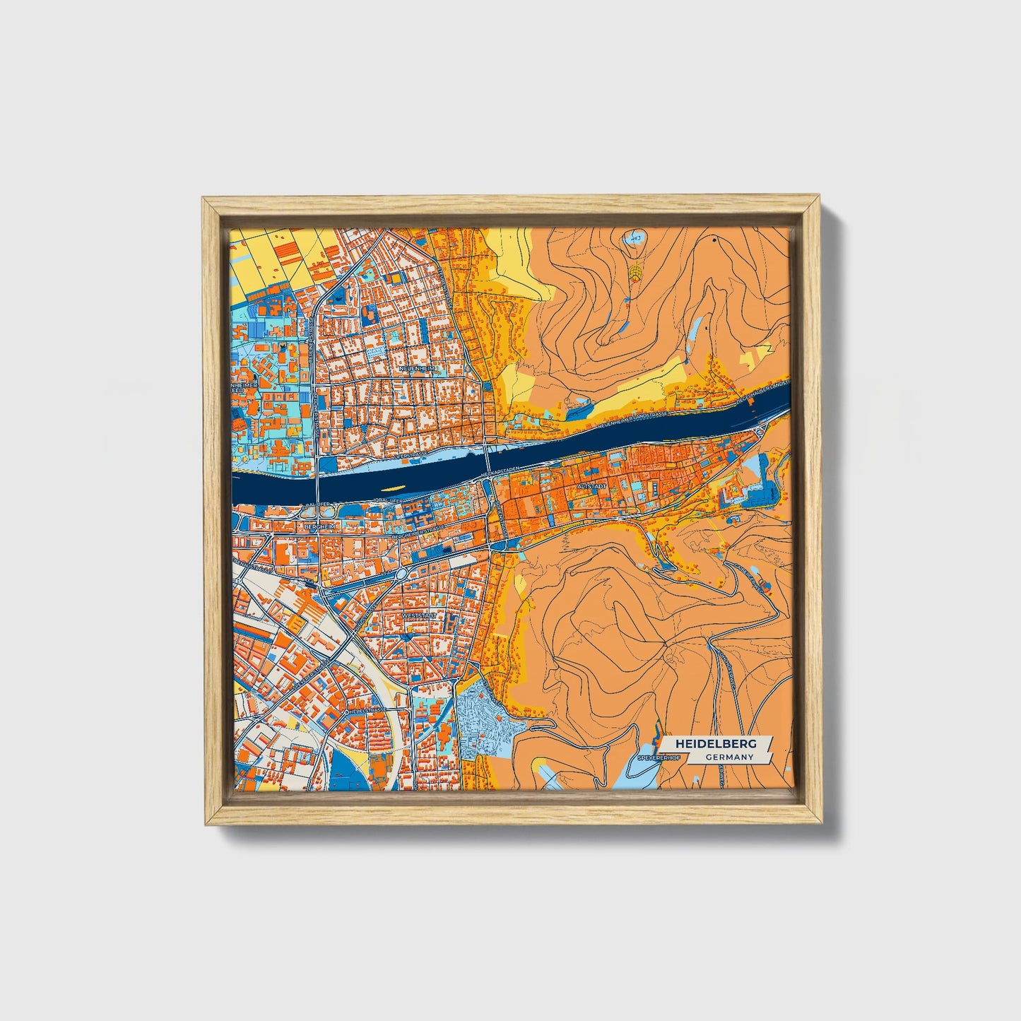 Heidelberg Germany Colorful City Map Canvas Print • Natural Wooden Framed