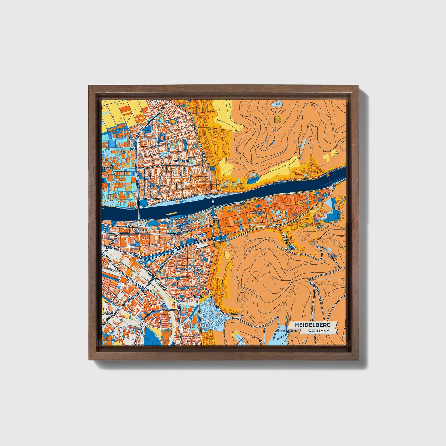 Heidelberg Germany Colorful City Map Canvas Print • Dark Wooden Framed