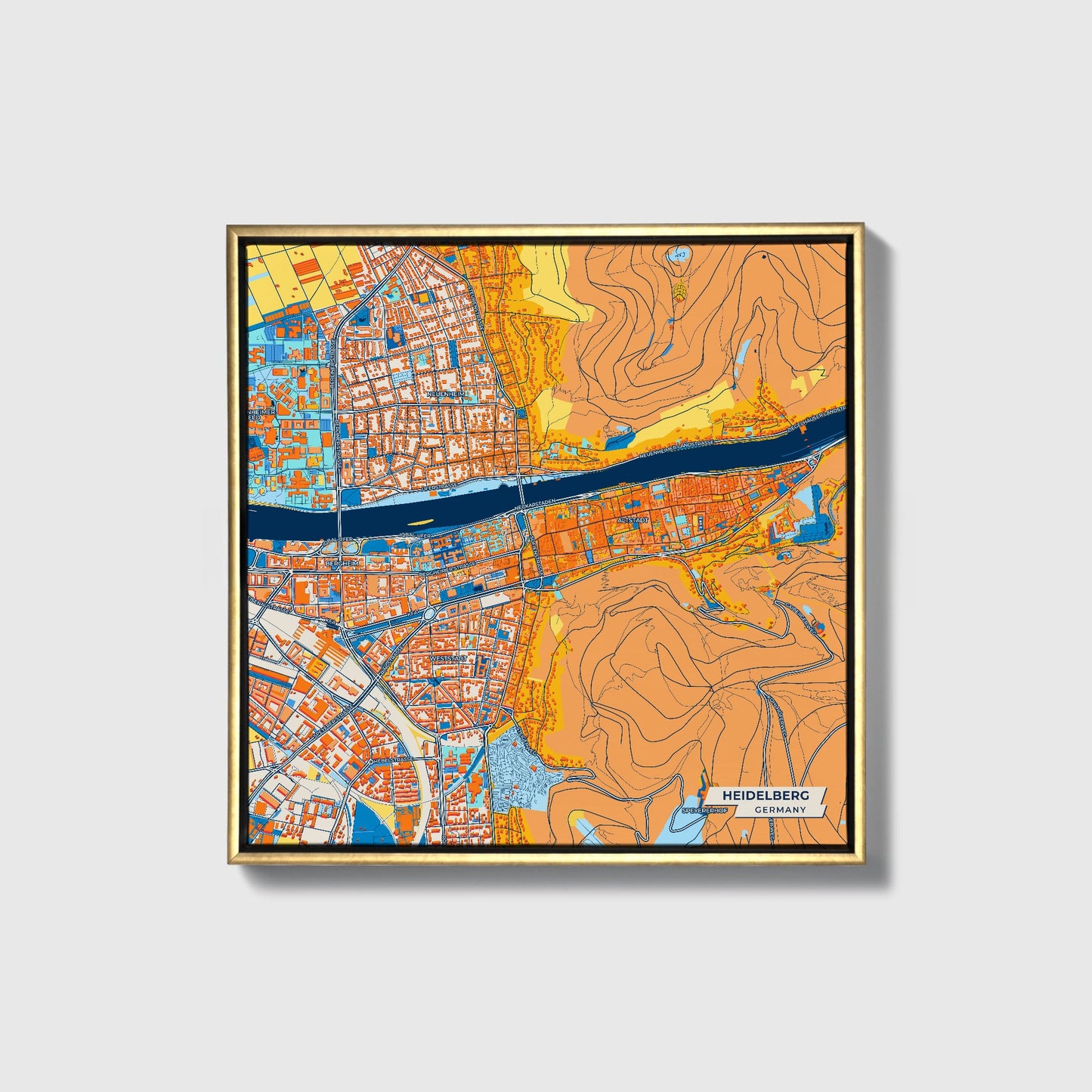 Heidelberg Germany Colorful City Map Canvas Print • Gold Framed