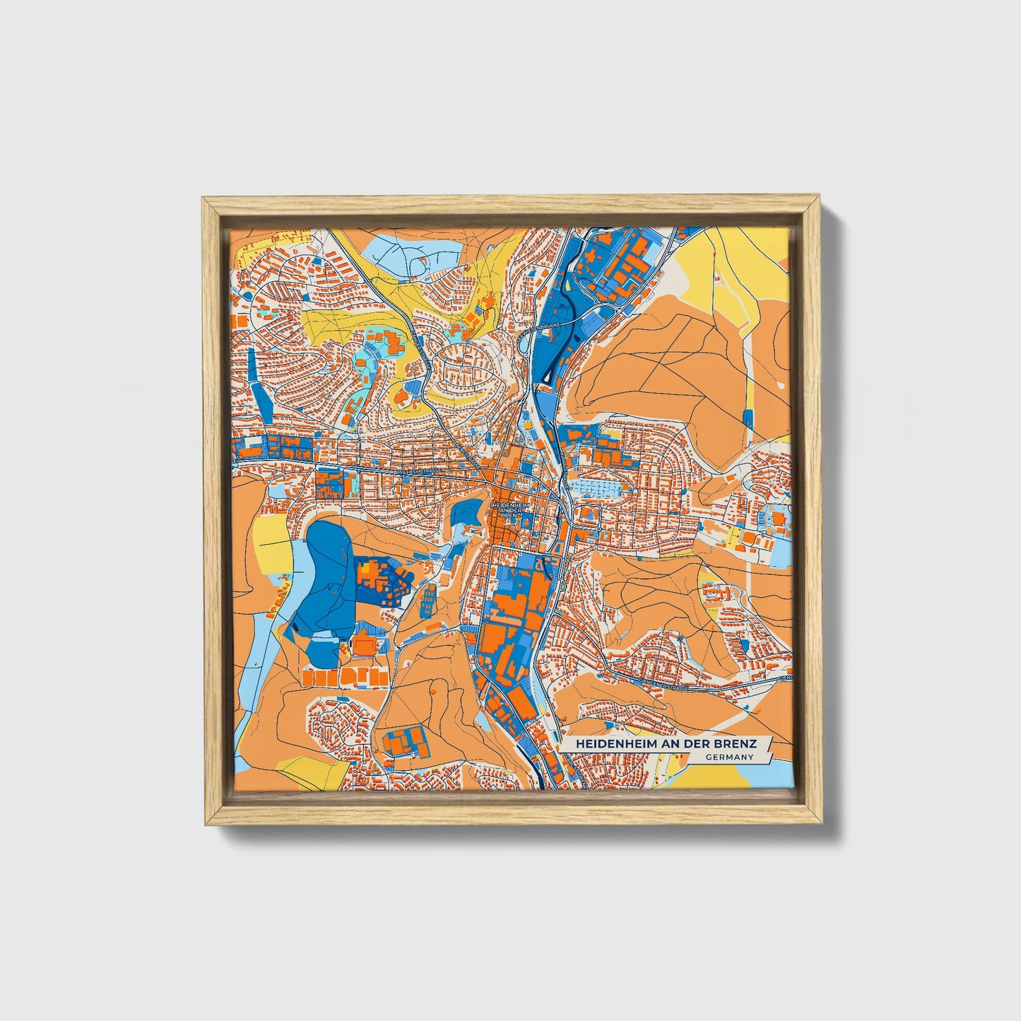 Heidenheim A.D. Brenz Germany Colorful City Map Canvas Print • Natural Wooden Framed
