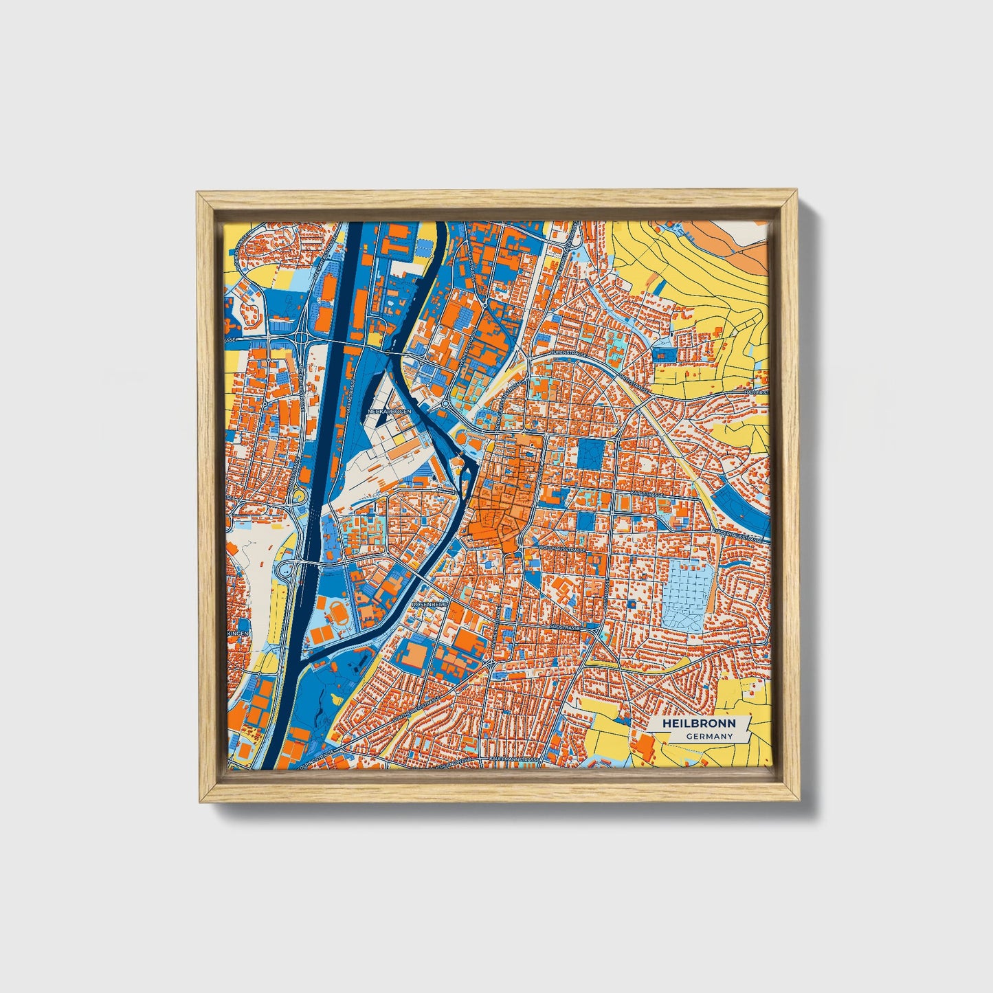 Heilbronn Germany Colorful City Map Canvas Print • Natural Wooden Framed