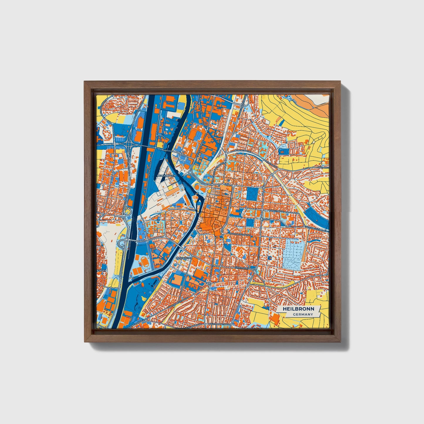 Heilbronn Germany Colorful City Map Canvas Print • Dark Wooden Framed