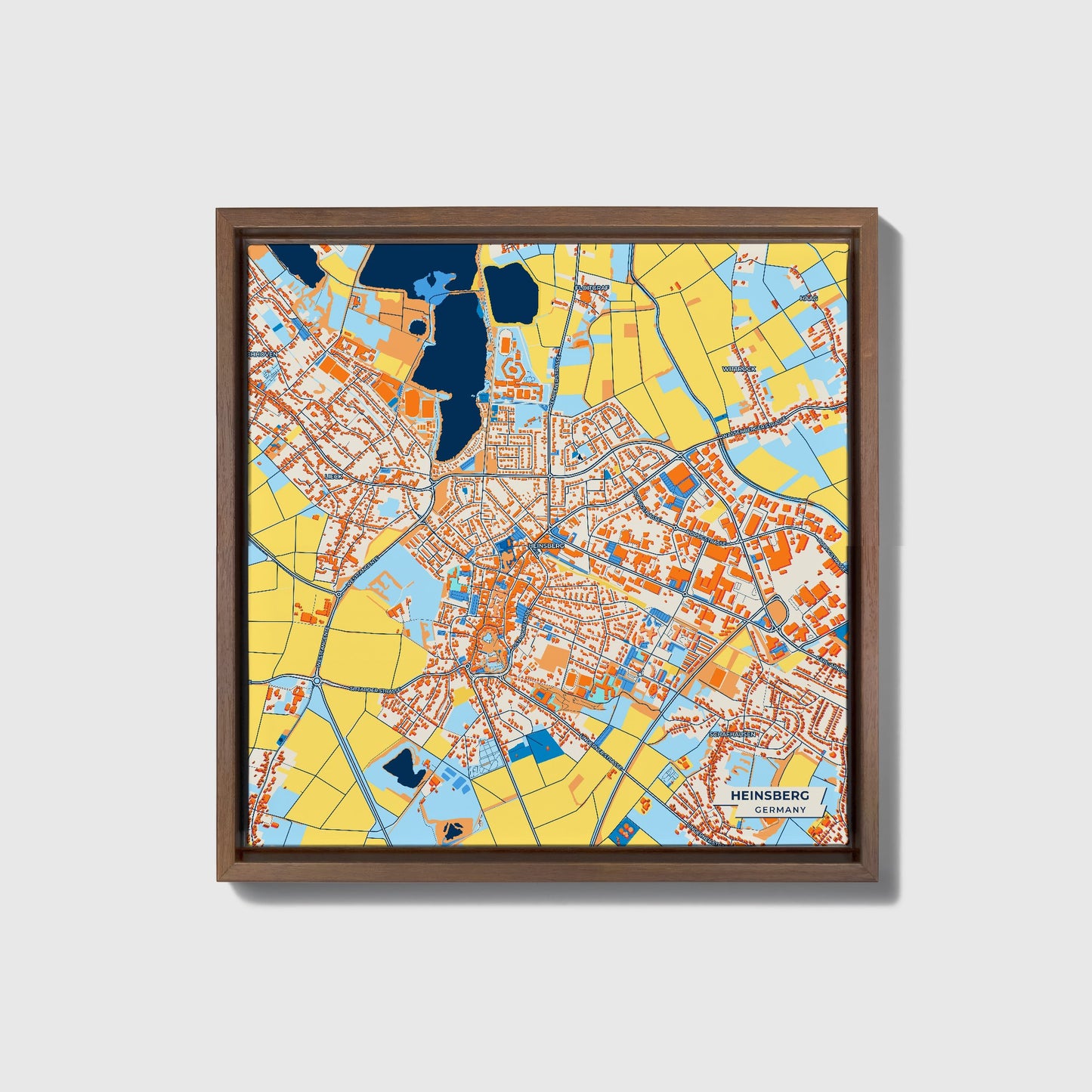 Heinsberg Germany Colorful City Map Canvas Print • Dark Wooden Framed