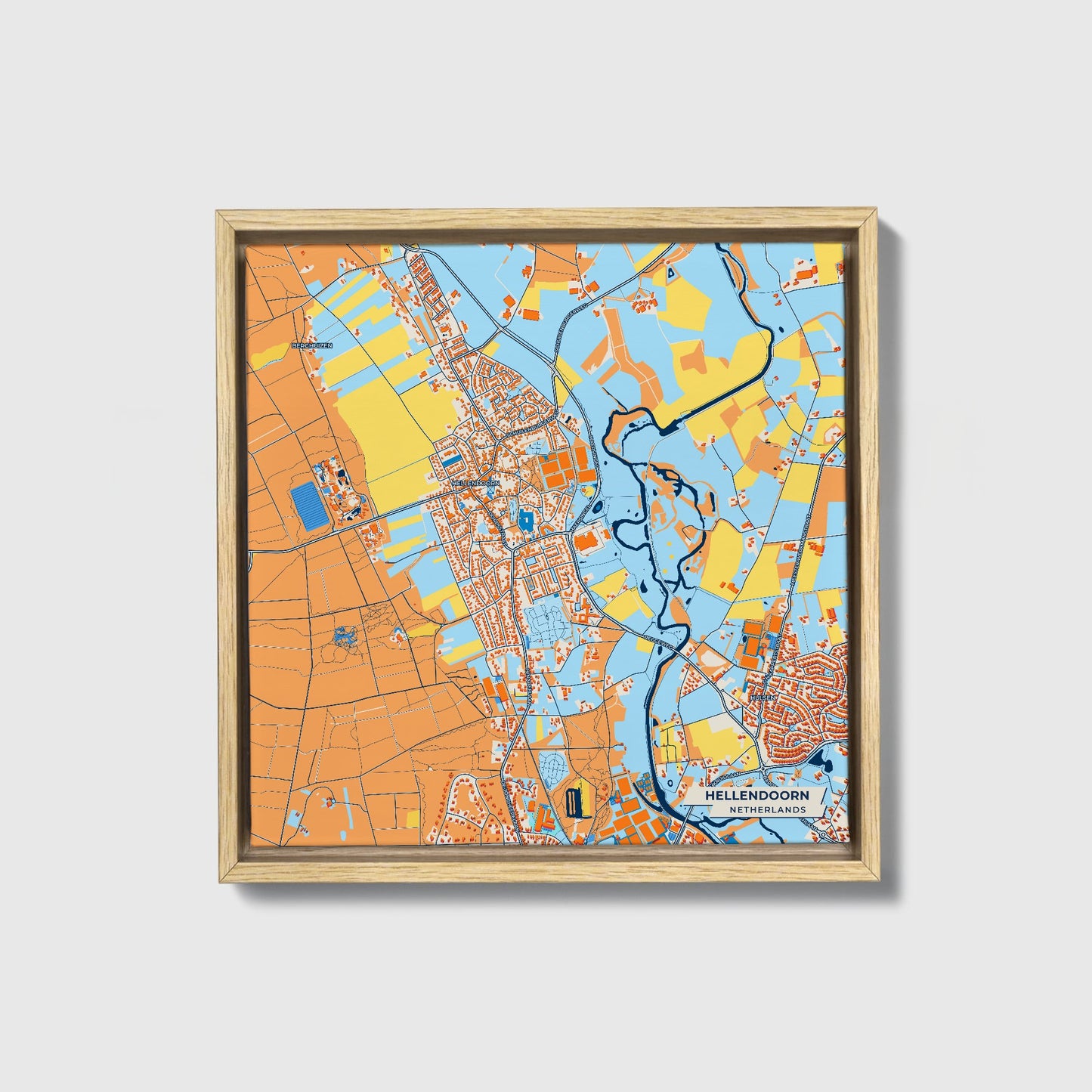 Hellendoorn Netherlands Colorful City Map Canvas Print • Natural Wooden Framed