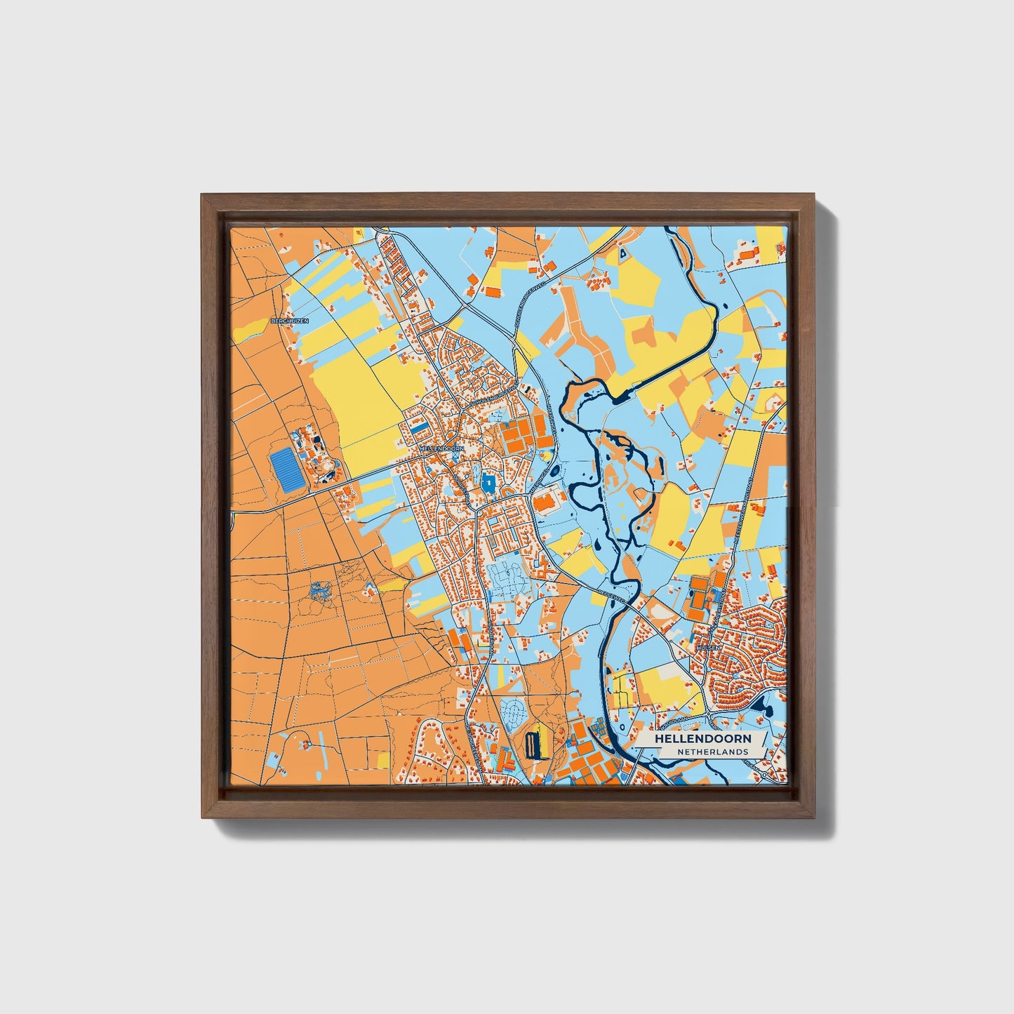 Hellendoorn Netherlands Colorful City Map Canvas Print • Dark Wooden Framed