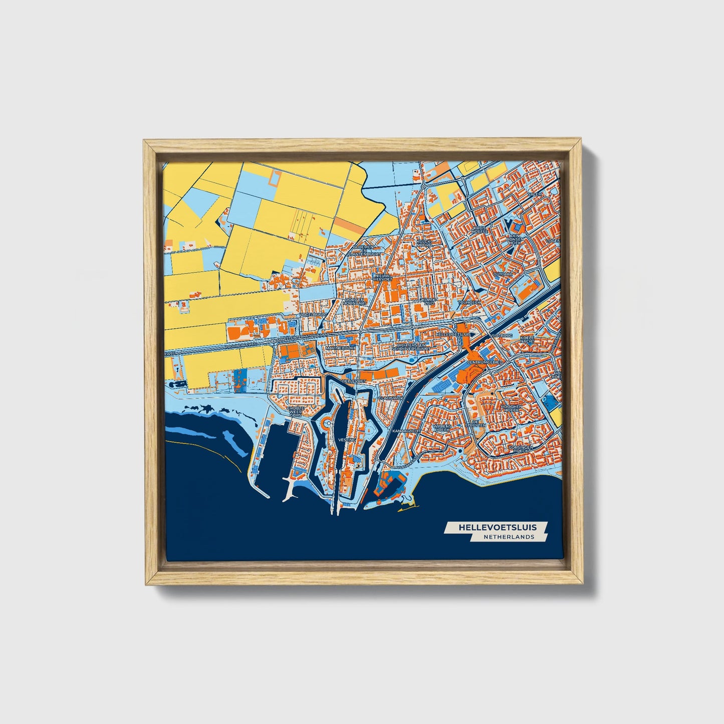Hellevoetsluis Netherlands Colorful City Map Canvas Print • Natural Wooden Framed