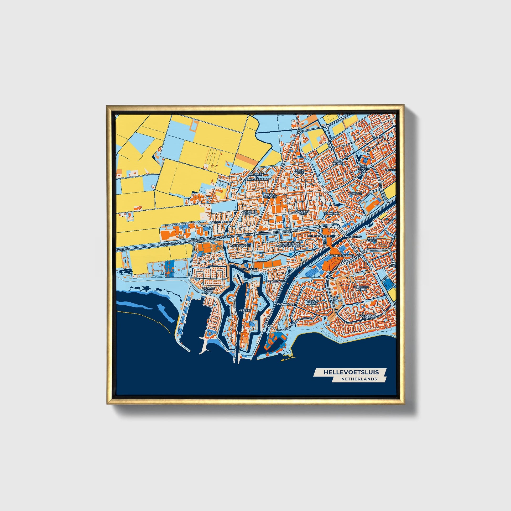 Hellevoetsluis Netherlands Colorful City Map Canvas Print • Gold Framed