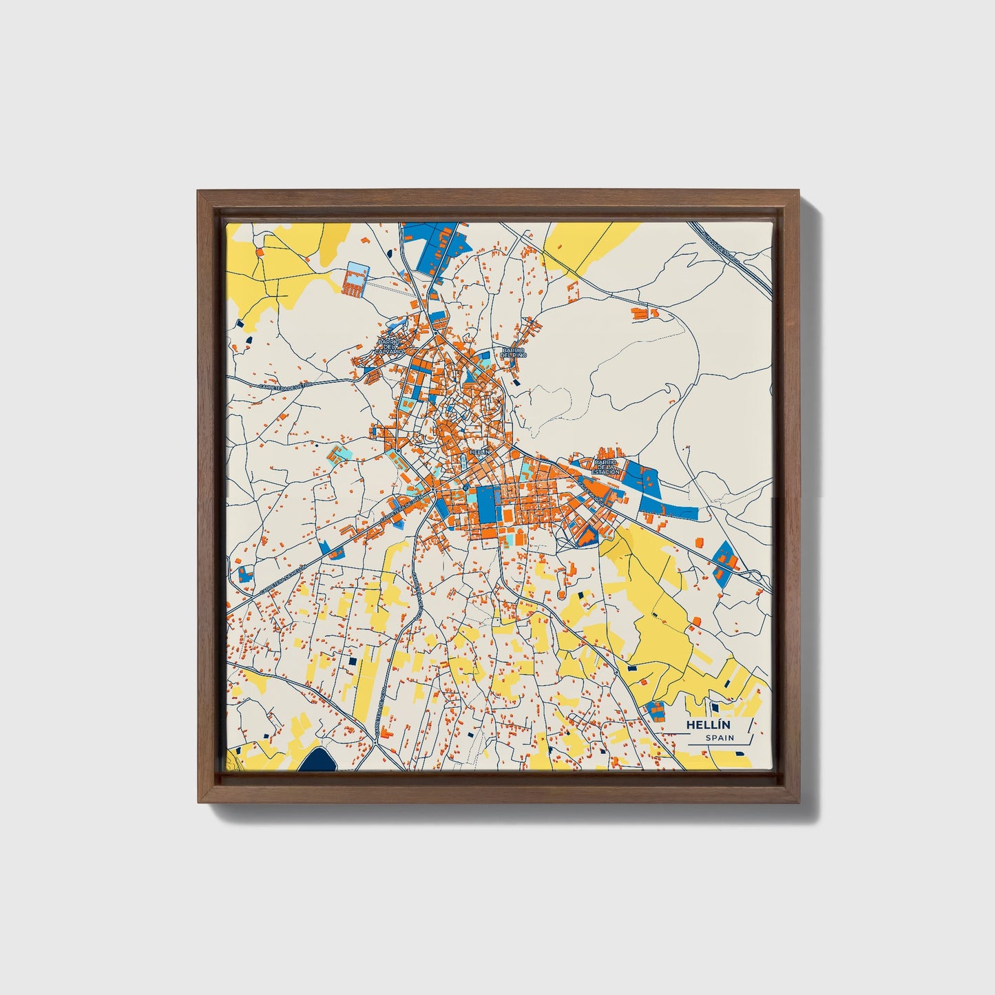 Hellín Spain Colorful City Map Canvas Print • Dark Wooden Framed