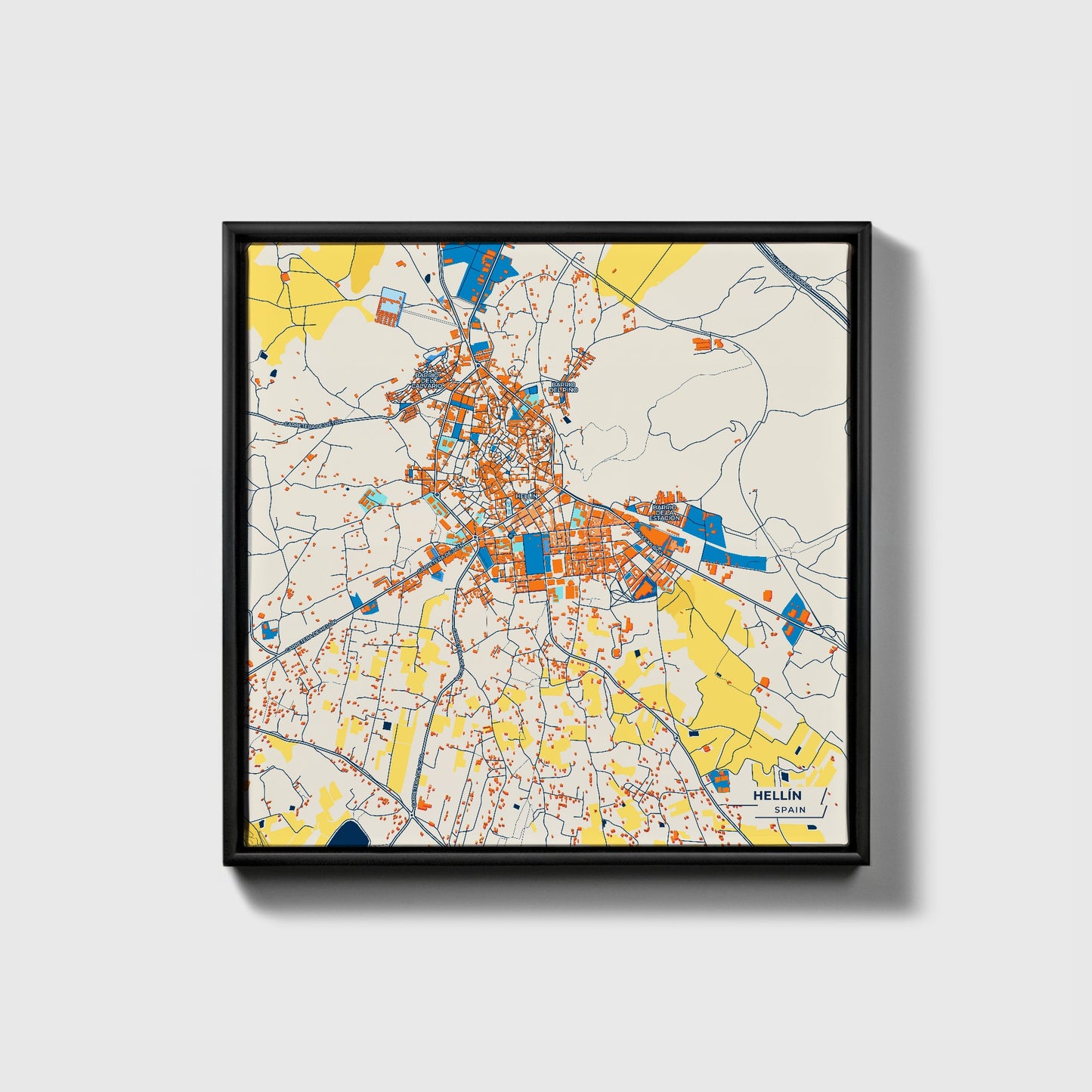 Hellín Spain Colorful City Map Canvas Print • Black Framed