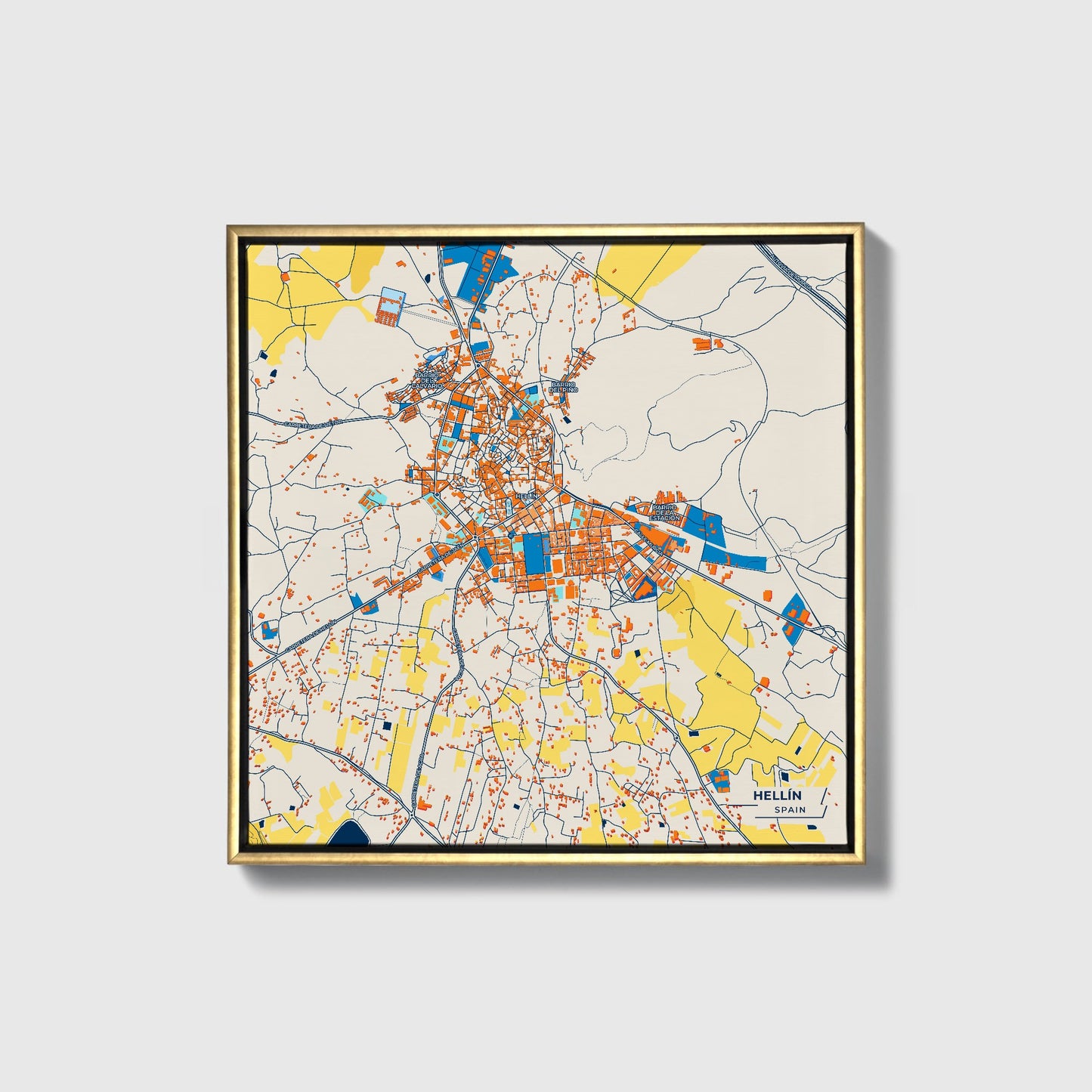 Hellín Spain Colorful City Map Canvas Print • Gold Framed