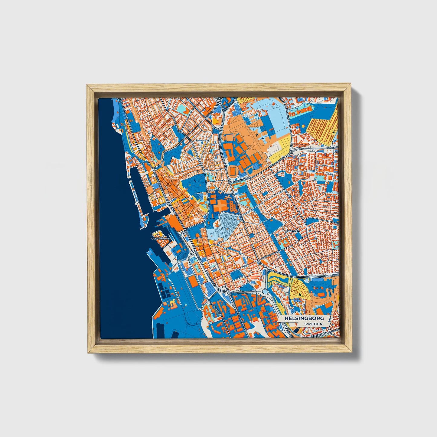Helsingborg Sweden Colorful City Map Canvas Print • Natural Wooden Framed
