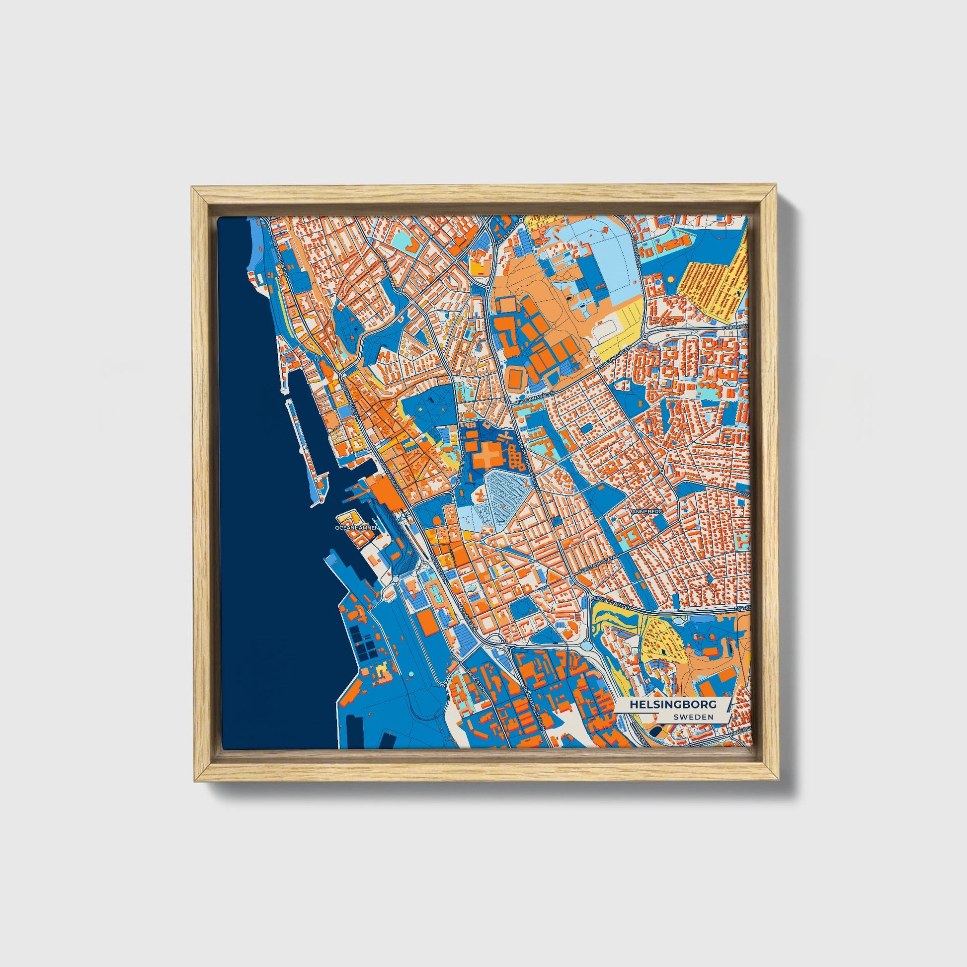 Helsingborg Sweden Colorful City Map Canvas Print • Natural Wooden Framed